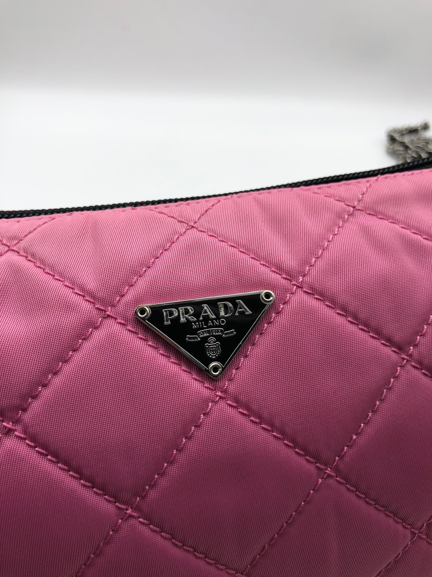 Authentic Prada Cosmetic Clutch Shocking Pink Quilted Nylon Added Strap Crossbody Shoulder Bag