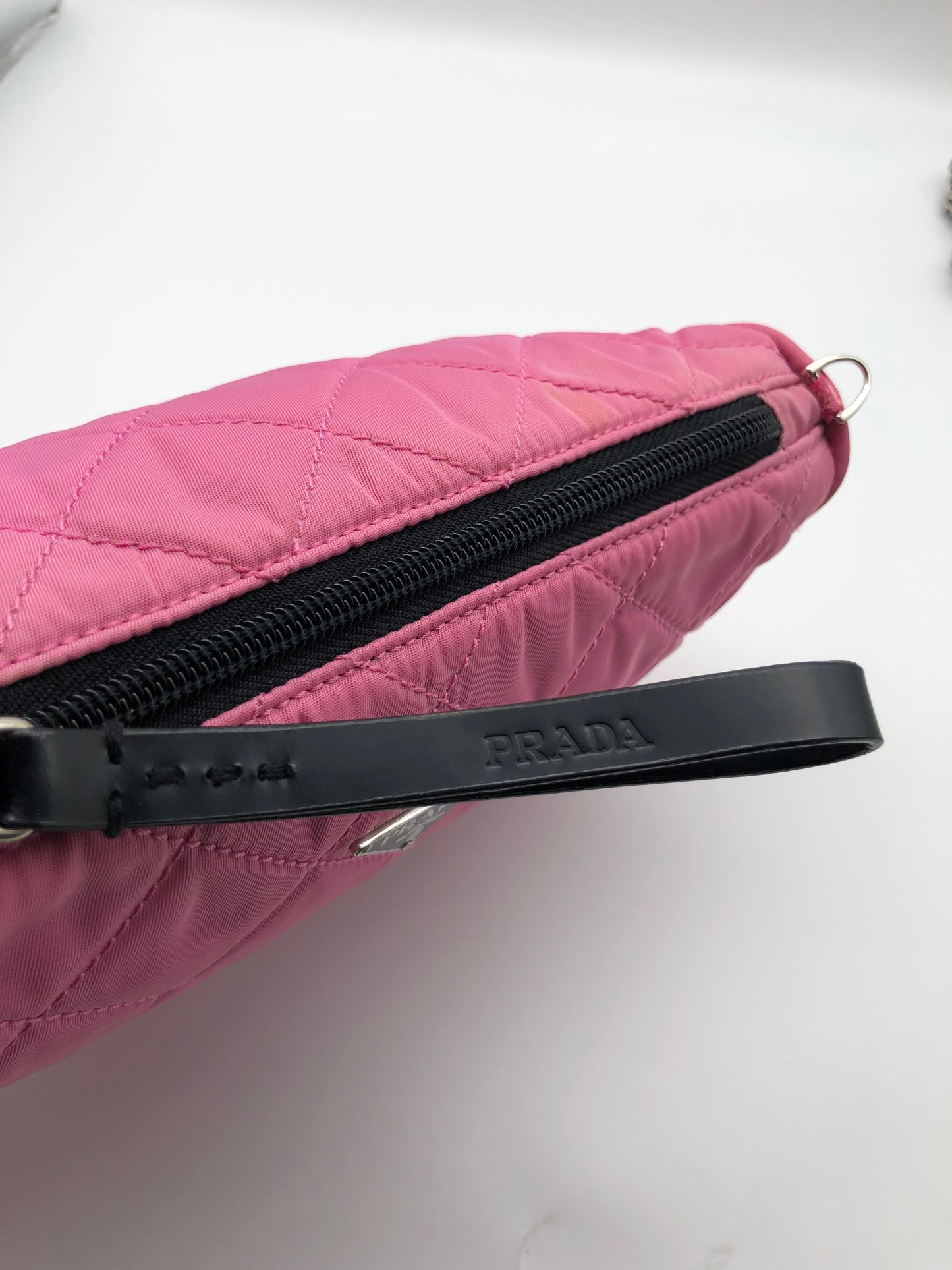 Authentic Prada Cosmetic Clutch Shocking Pink Quilted Nylon Added Strap Crossbody Shoulder Bag
