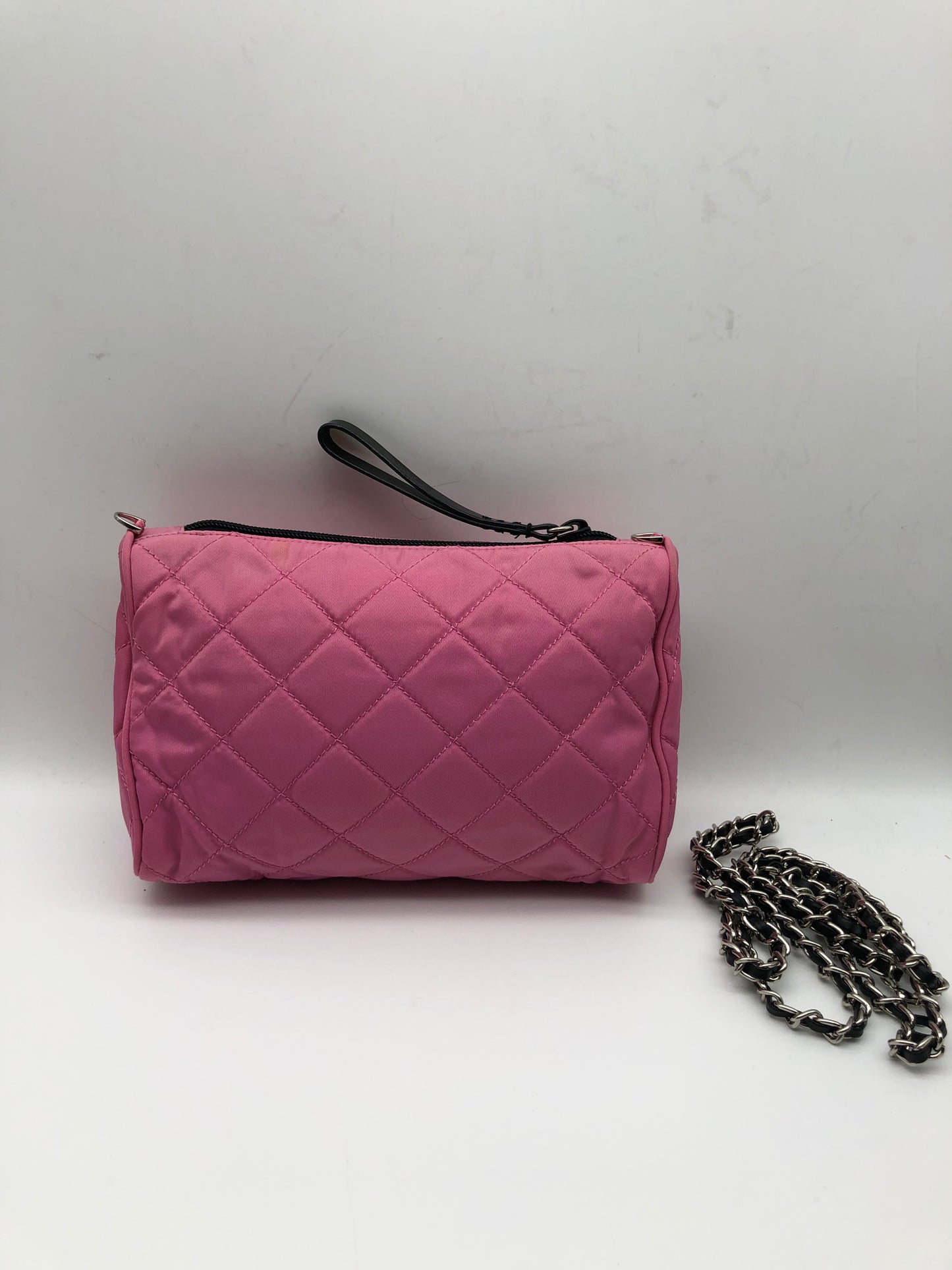 Authentic Prada Cosmetic Clutch Shocking Pink Quilted Nylon Added Strap Crossbody Shoulder Bag