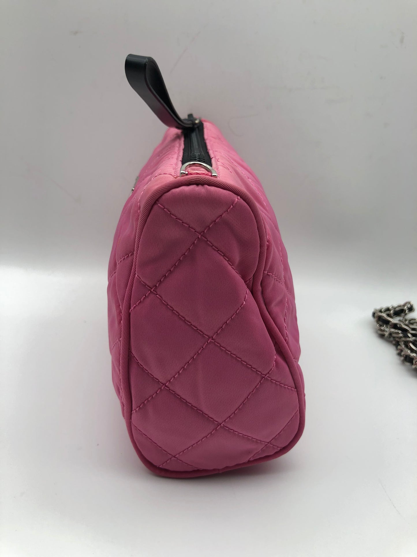 Authentic Prada Cosmetic Clutch Shocking Pink Quilted Nylon Added Strap Crossbody Shoulder Bag