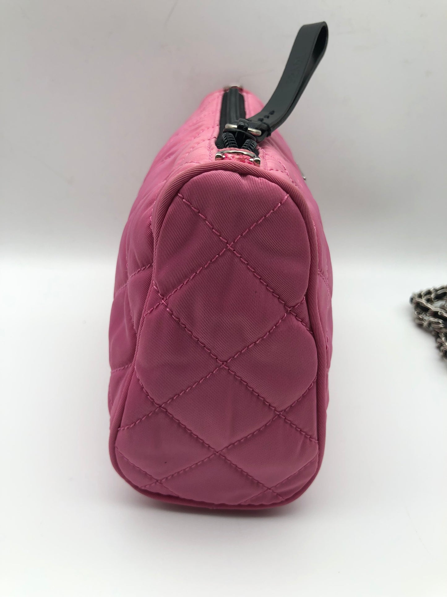 Authentic Prada Cosmetic Clutch Shocking Pink Quilted Nylon Added Strap Crossbody Shoulder Bag