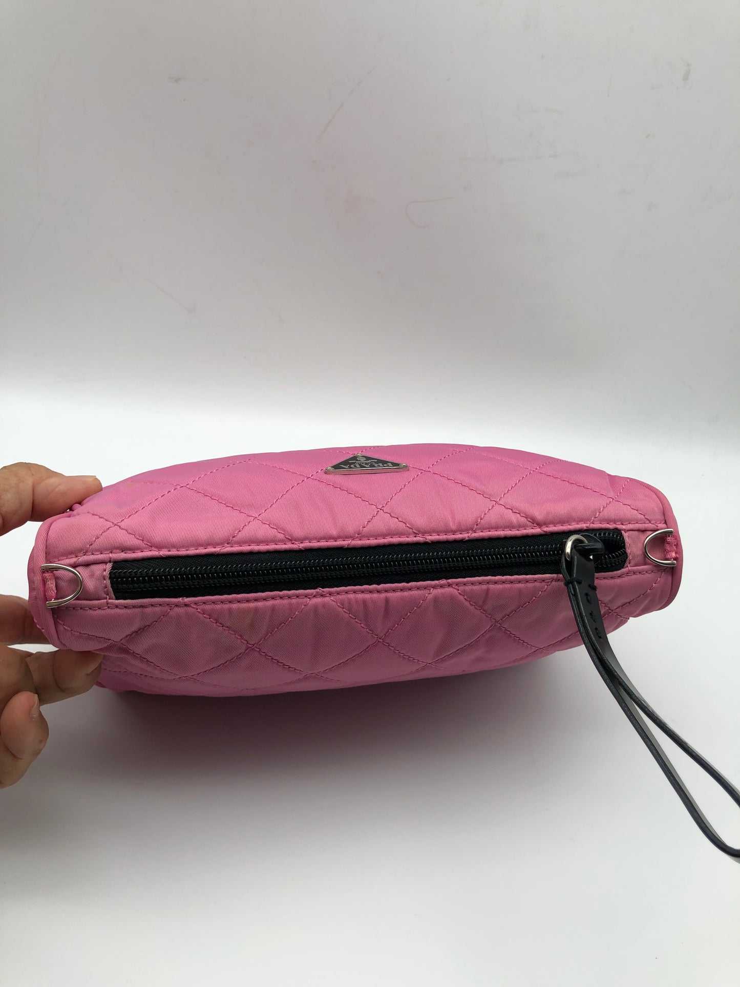 Authentic Prada Cosmetic Clutch Shocking Pink Quilted Nylon Added Strap Crossbody Shoulder Bag
