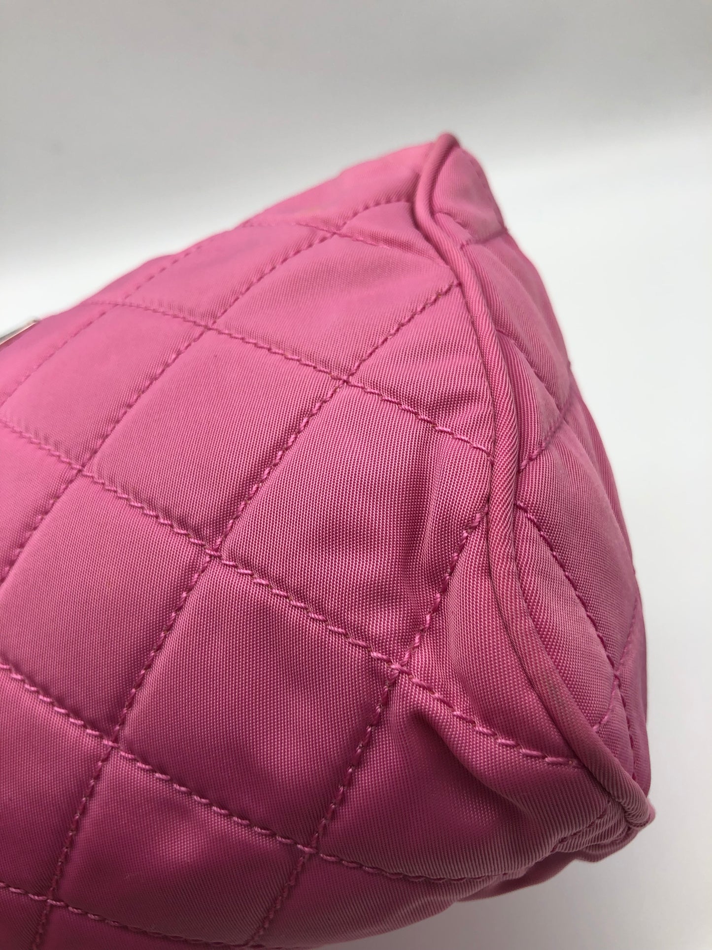 Authentic Prada Cosmetic Clutch Shocking Pink Quilted Nylon Added Strap Crossbody Shoulder Bag