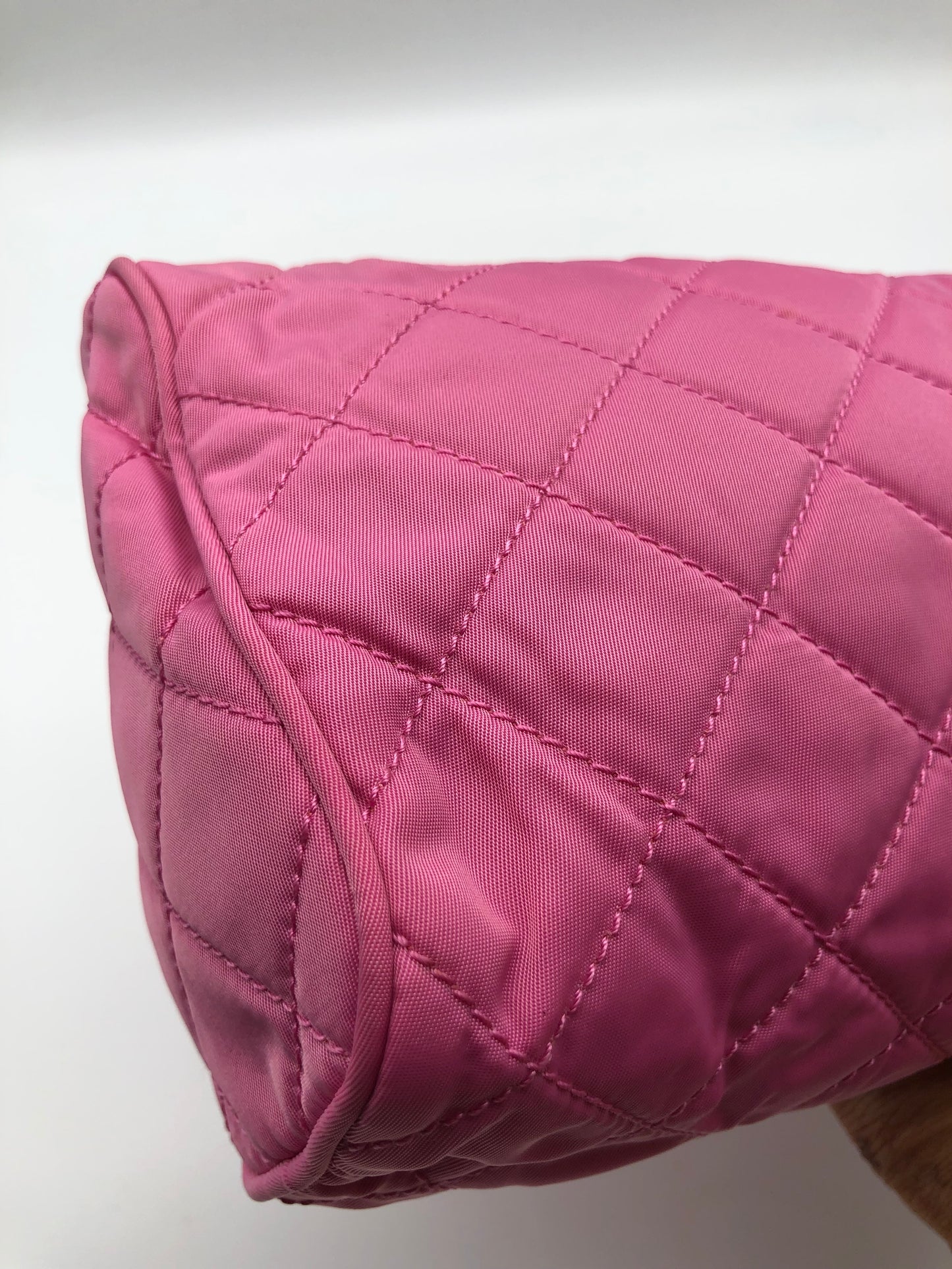 Authentic Prada Cosmetic Clutch Shocking Pink Quilted Nylon Added Strap Crossbody Shoulder Bag