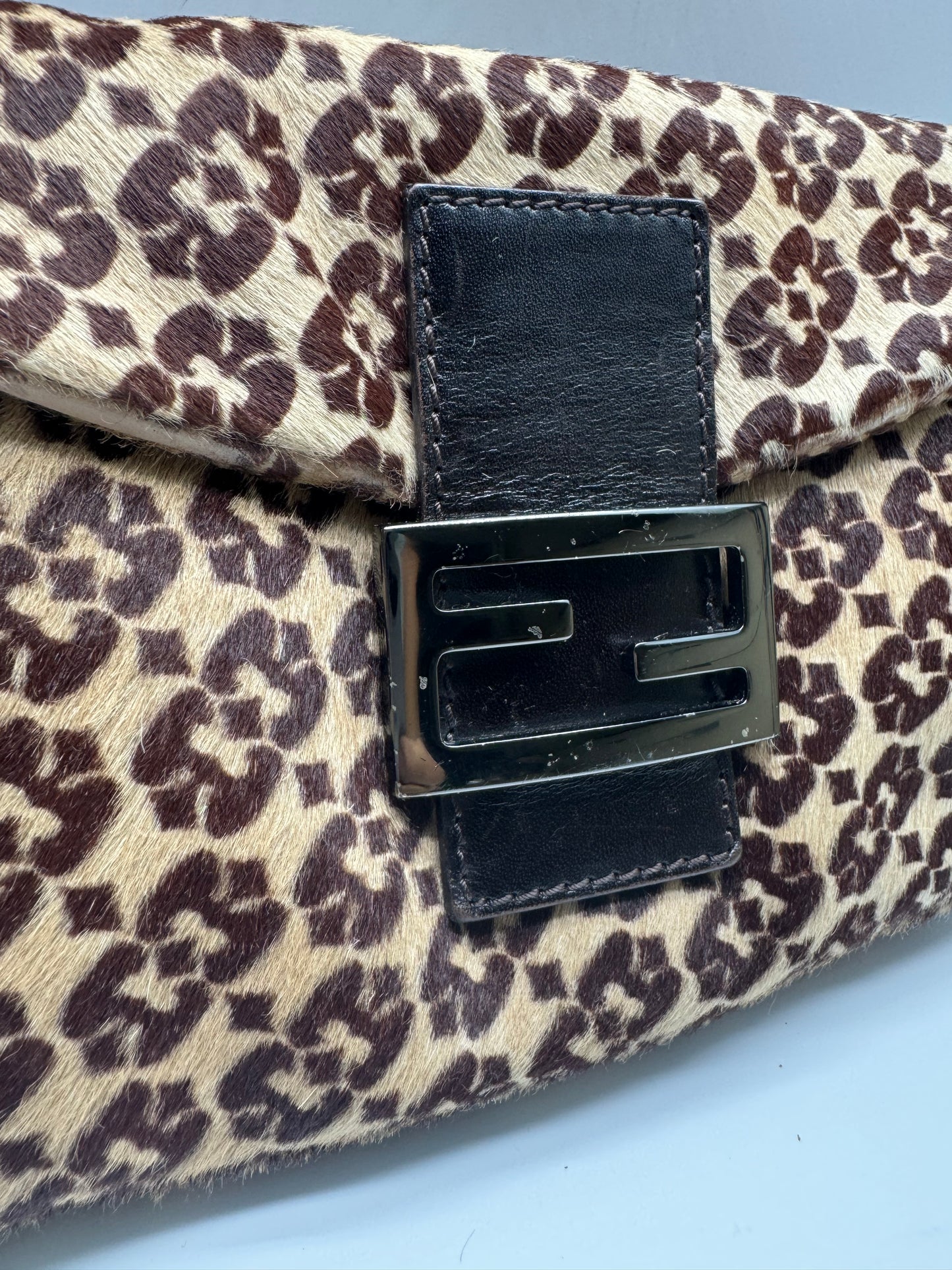 Authentic FENDI Calf Pony Hair Double Flap Baguette Bag