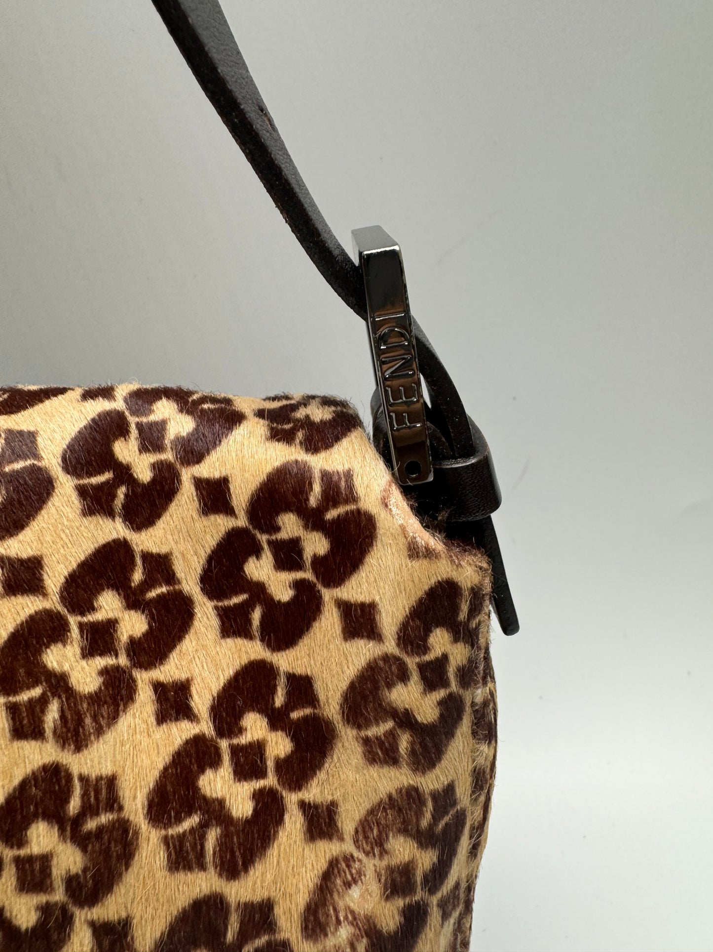 Authentic FENDI Calf Pony Hair Double Flap Baguette Bag