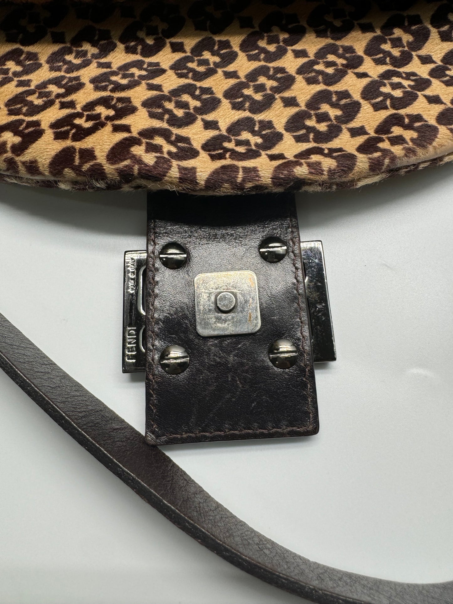 Authentic FENDI Calf Pony Hair Double Flap Baguette Bag