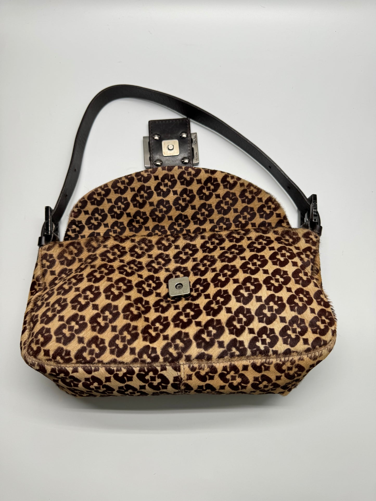 Authentic FENDI Calf Pony Hair Double Flap Baguette Bag
