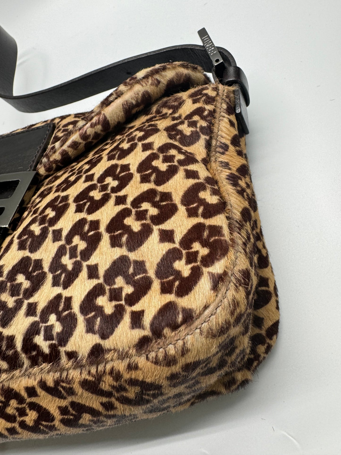 Authentic FENDI Calf Pony Hair Double Flap Baguette Bag