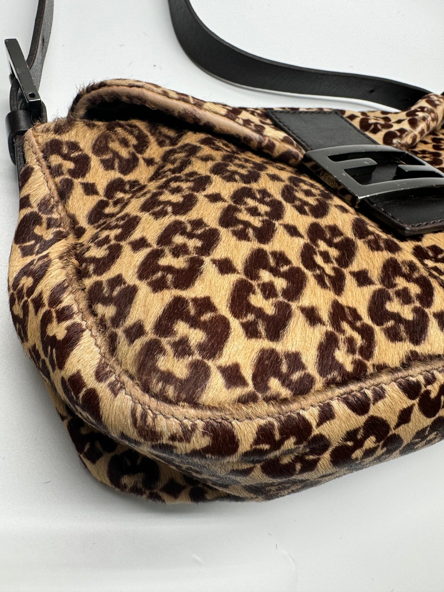 Authentic FENDI Calf Pony Hair Double Flap Baguette Bag
