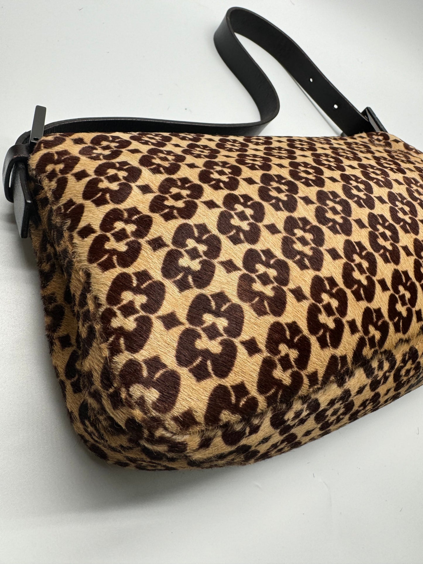 Authentic FENDI Calf Pony Hair Double Flap Baguette Bag