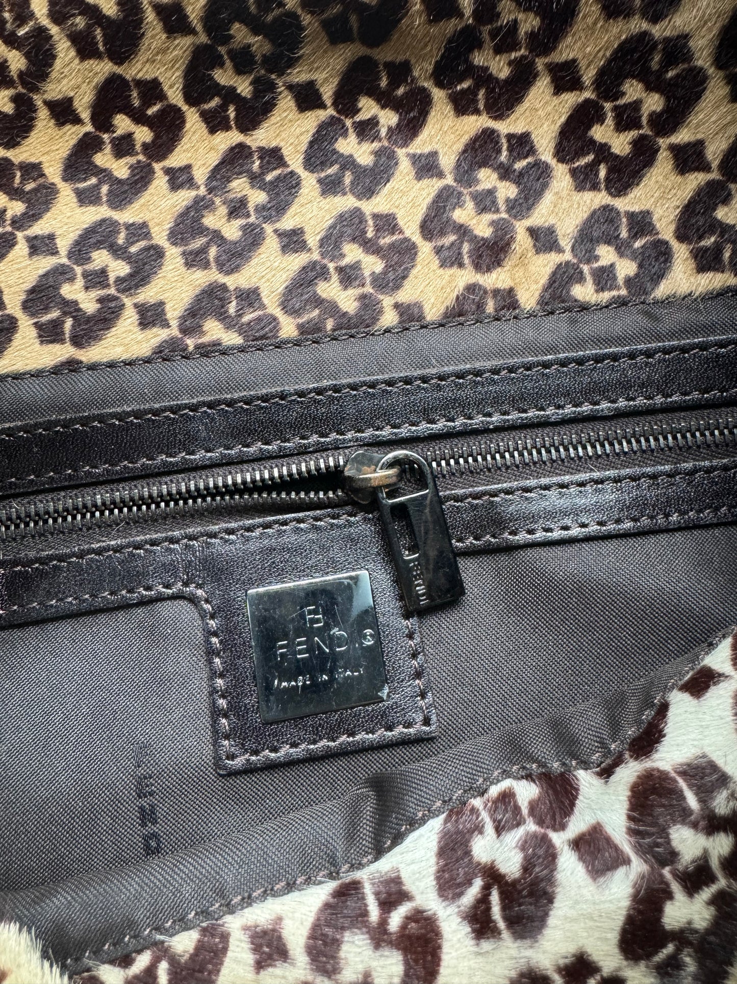 Authentic FENDI Calf Pony Hair Double Flap Baguette Bag
