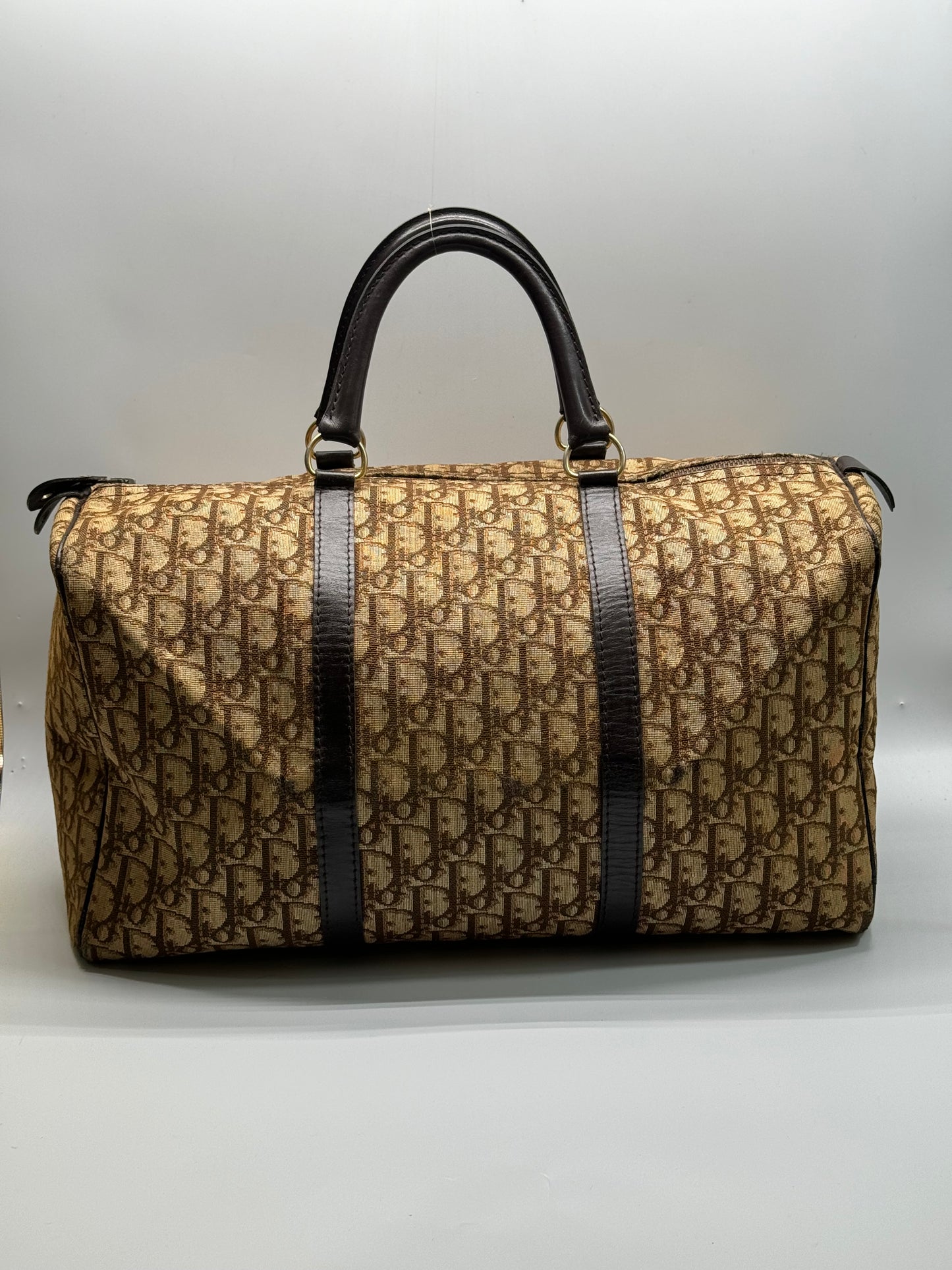 Authentic Christian Dior Brown Trotter Jacquard Cloth Boston 40 Travel Bag
