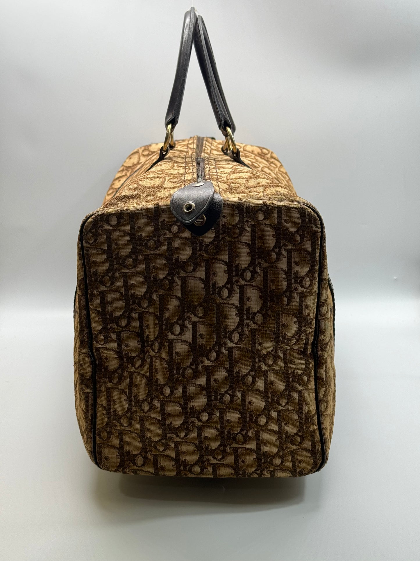 Authentic Christian Dior Brown Trotter Jacquard Cloth Boston 40 Travel Bag