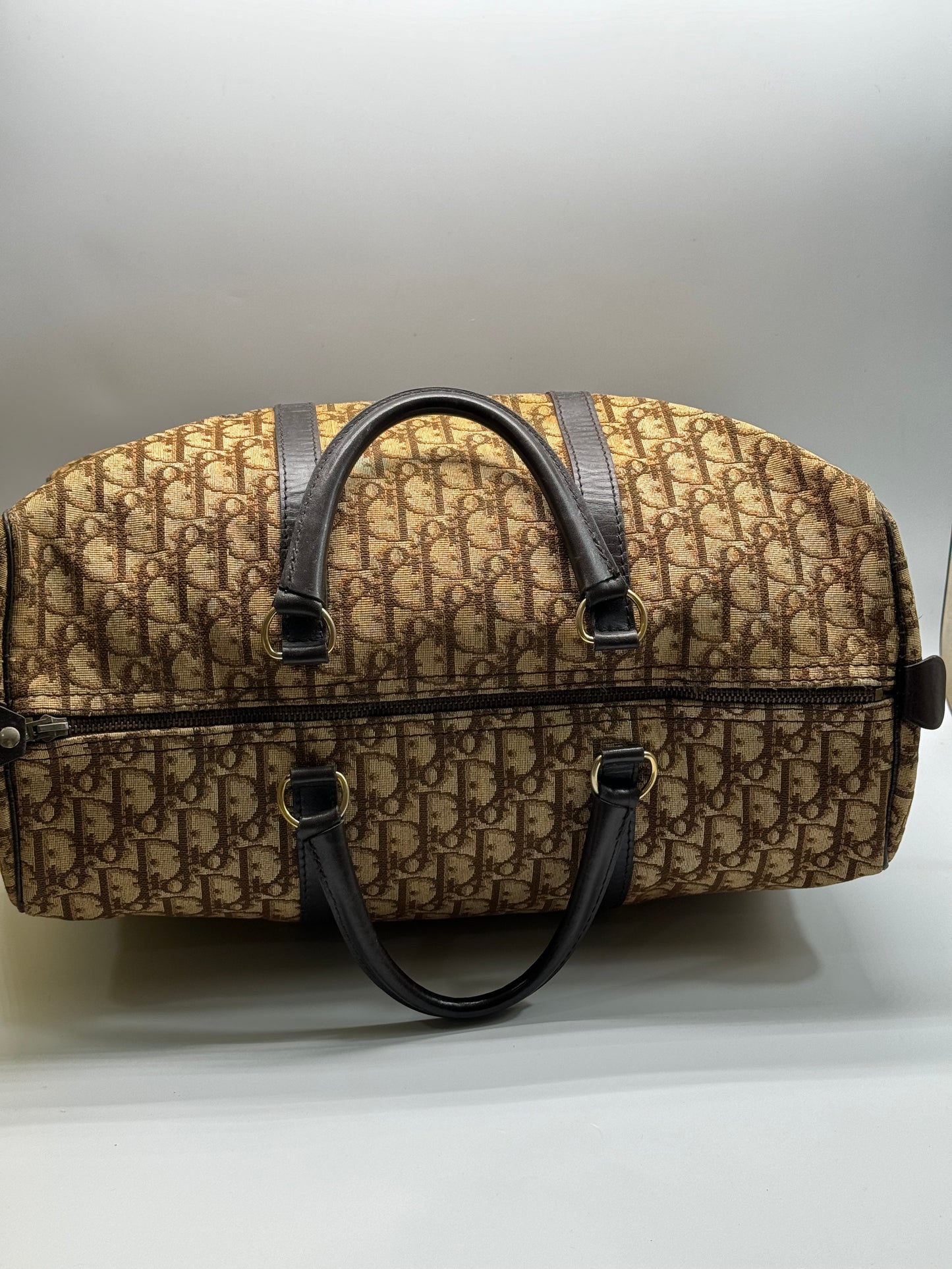 Authentic Christian Dior Brown Trotter Jacquard Cloth Boston 40 Travel Bag