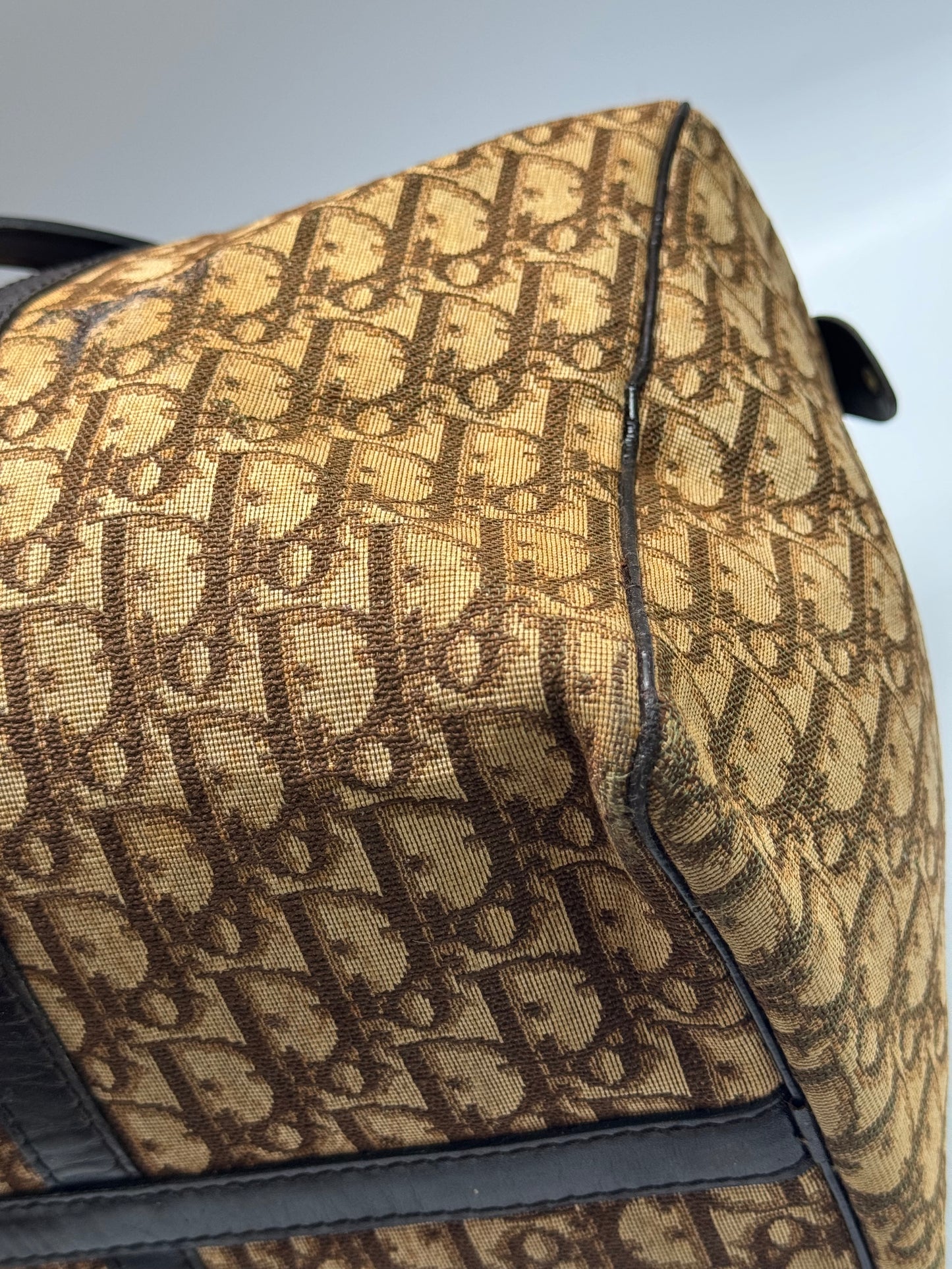 Authentic Christian Dior Brown Trotter Jacquard Cloth Boston 40 Travel Bag