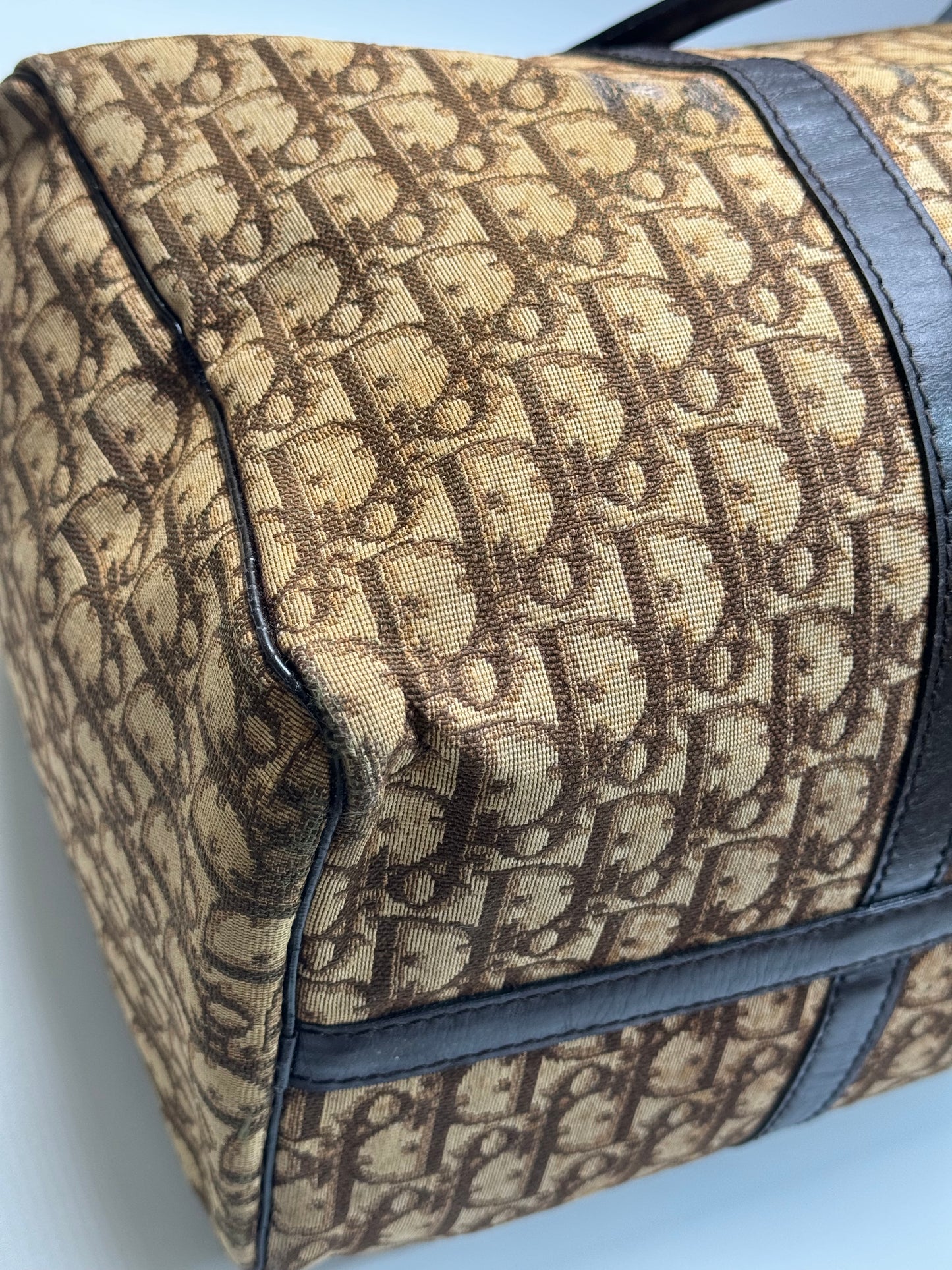 Authentic Christian Dior Brown Trotter Jacquard Cloth Boston 40 Travel Bag