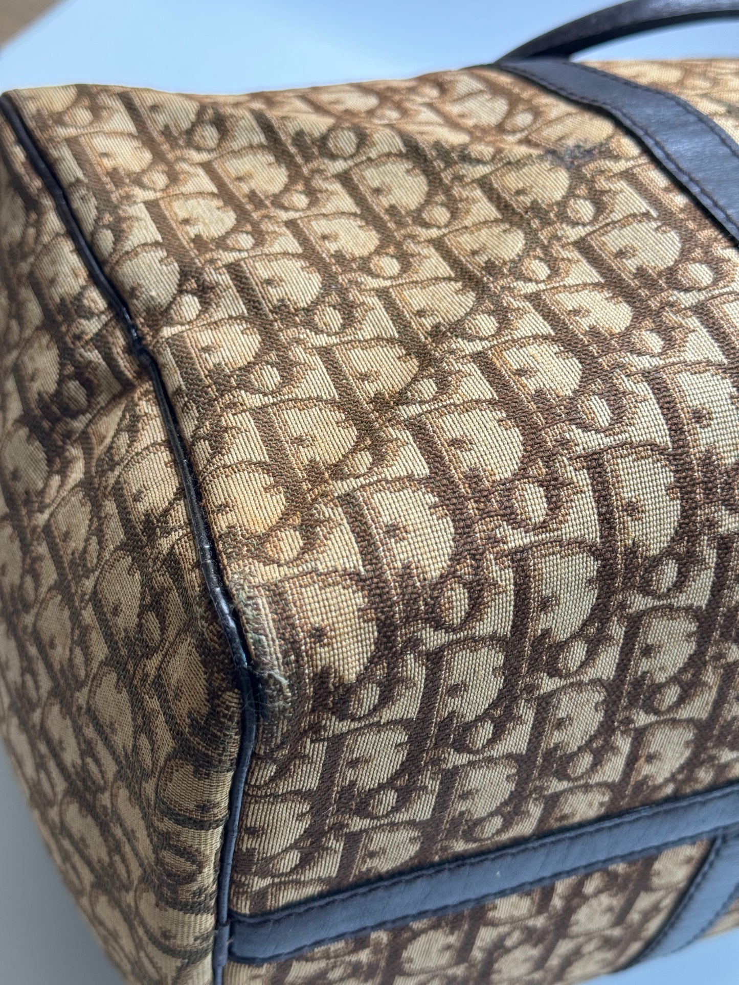Authentic Christian Dior Brown Trotter Jacquard Cloth Boston 40 Travel Bag