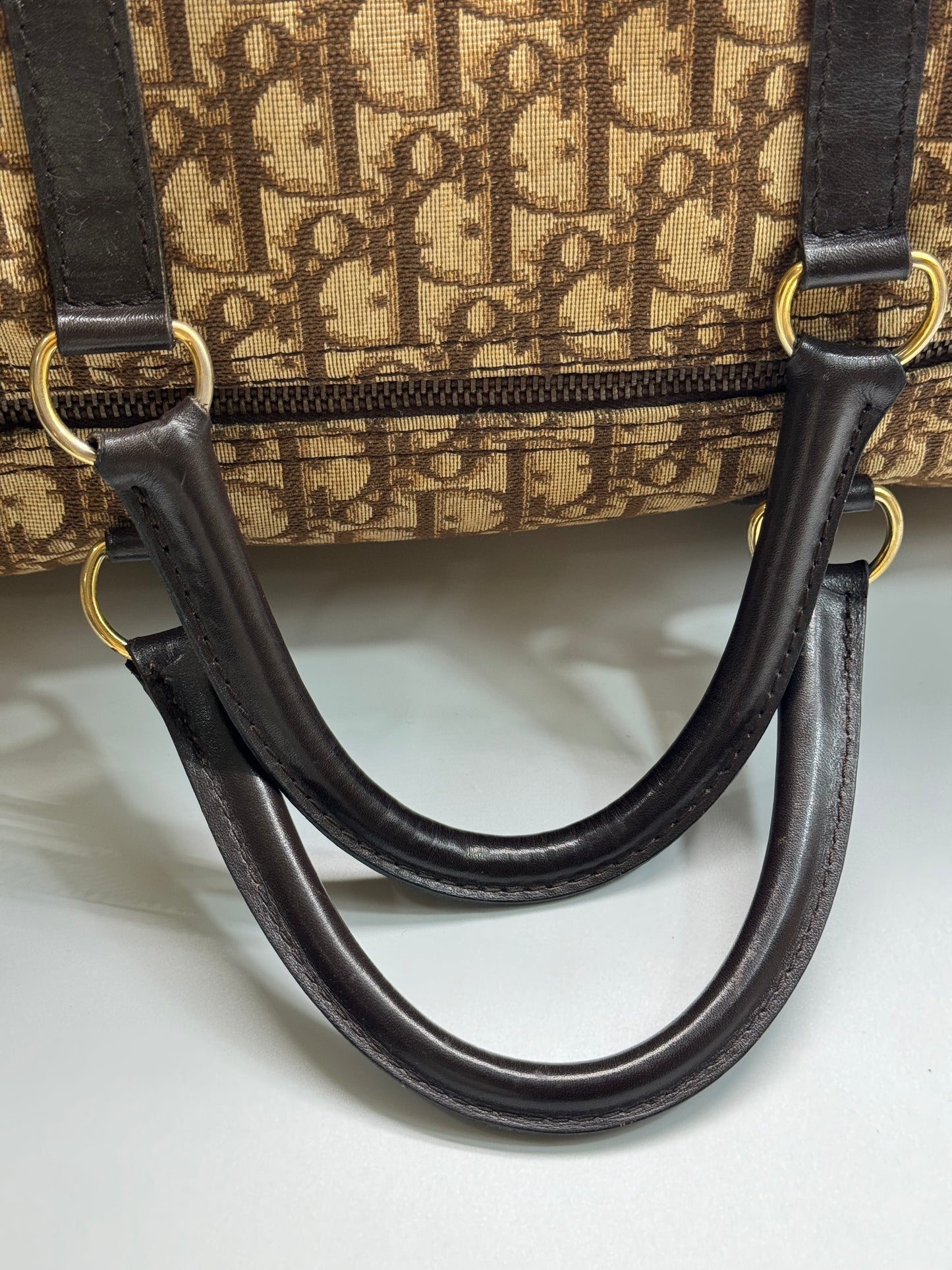 Authentic Christian Dior Brown Trotter Jacquard Cloth Boston 40 Travel Bag