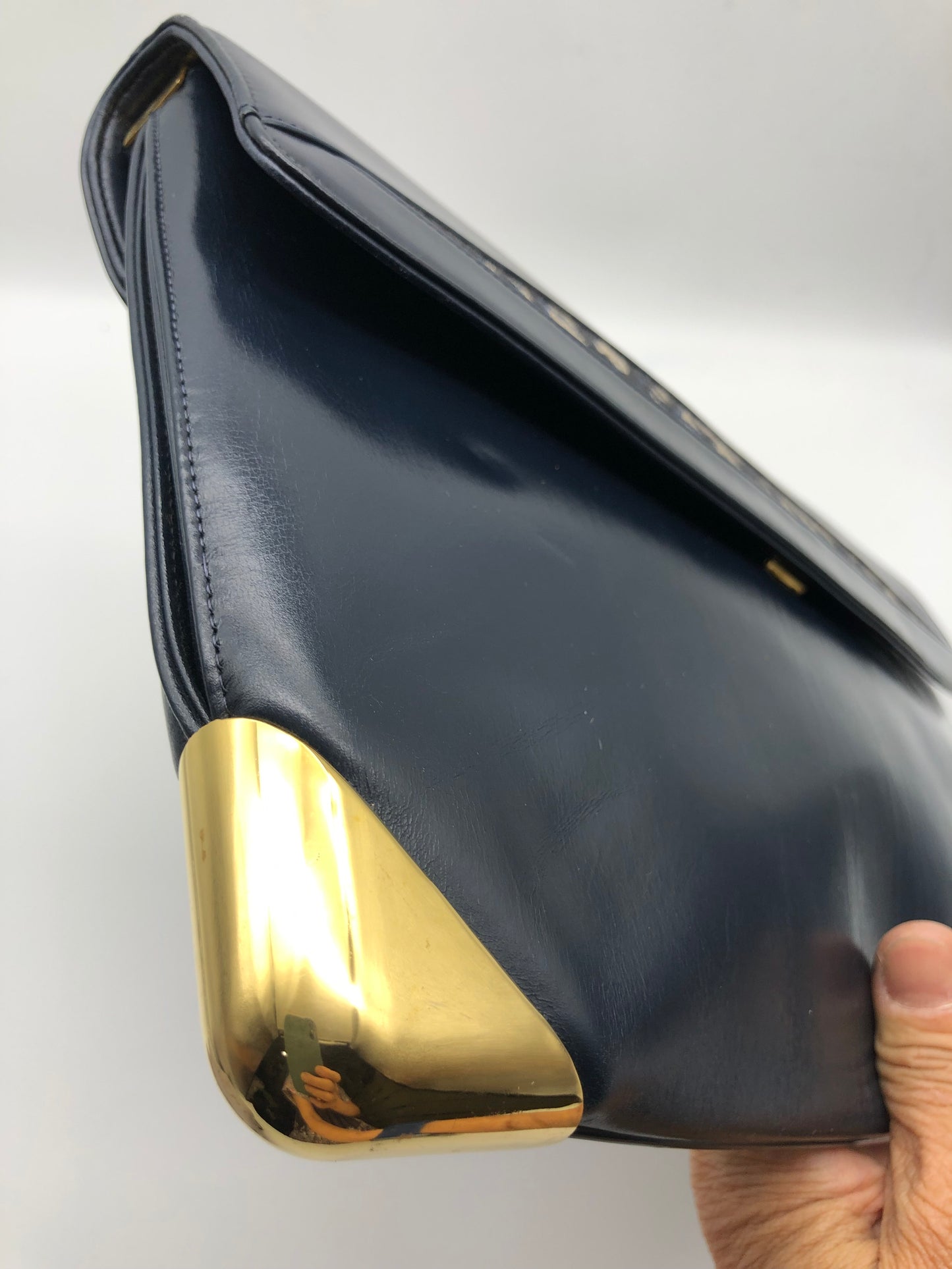 Authentic Christian Dior Vintage 1980s Navy Blue Leather & Trotter Large Clutch Shoulder Bag