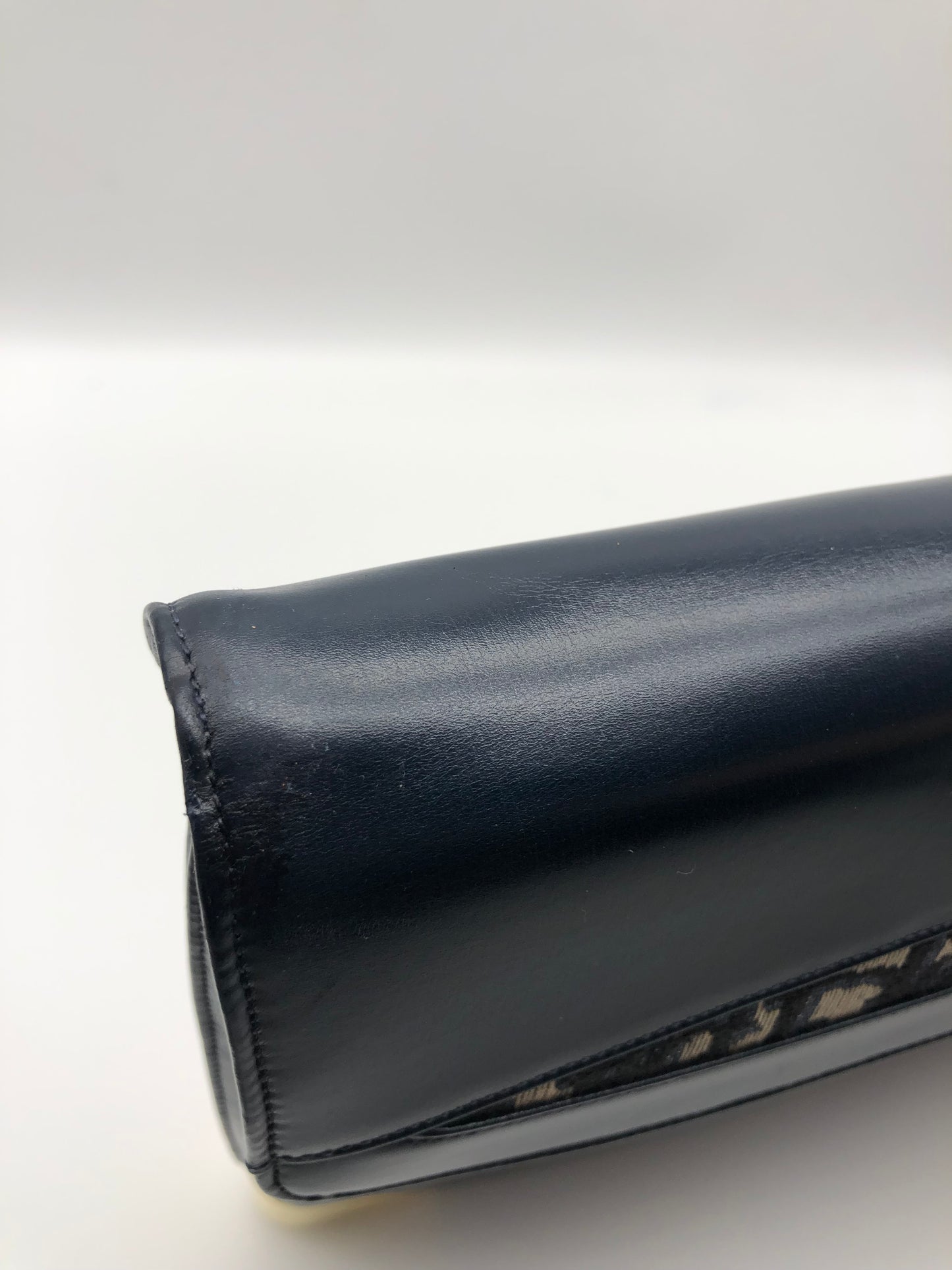 Authentic Christian Dior Vintage 1980s Navy Blue Leather & Trotter Large Clutch Shoulder Bag