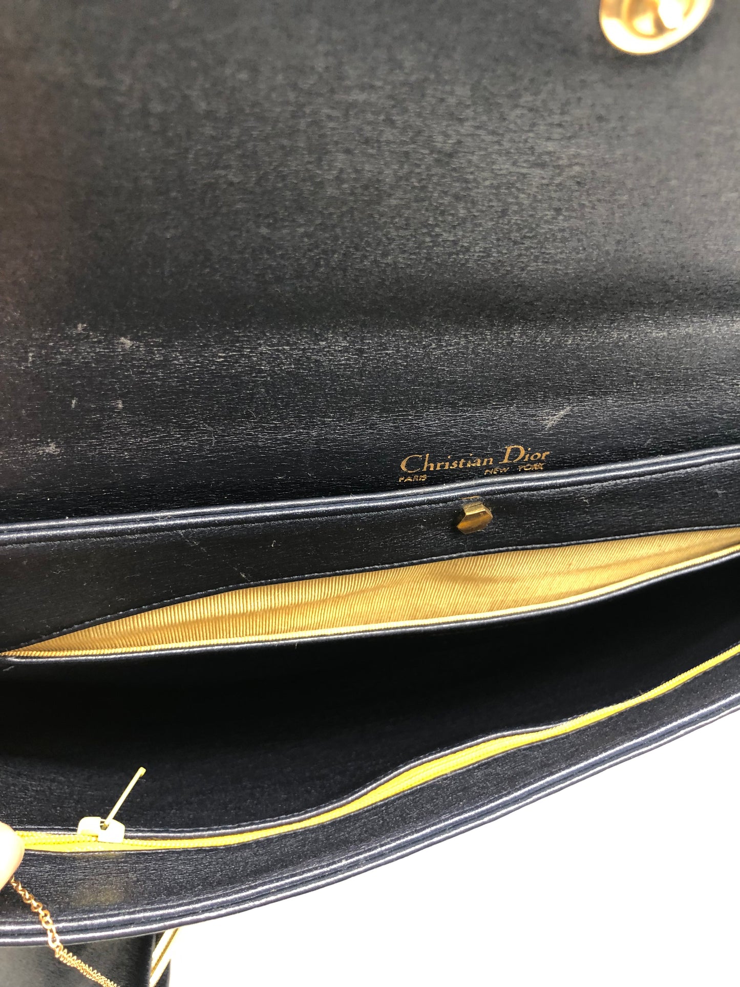 Authentic Christian Dior Vintage 1980s Navy Blue Leather & Trotter Large Clutch Shoulder Bag