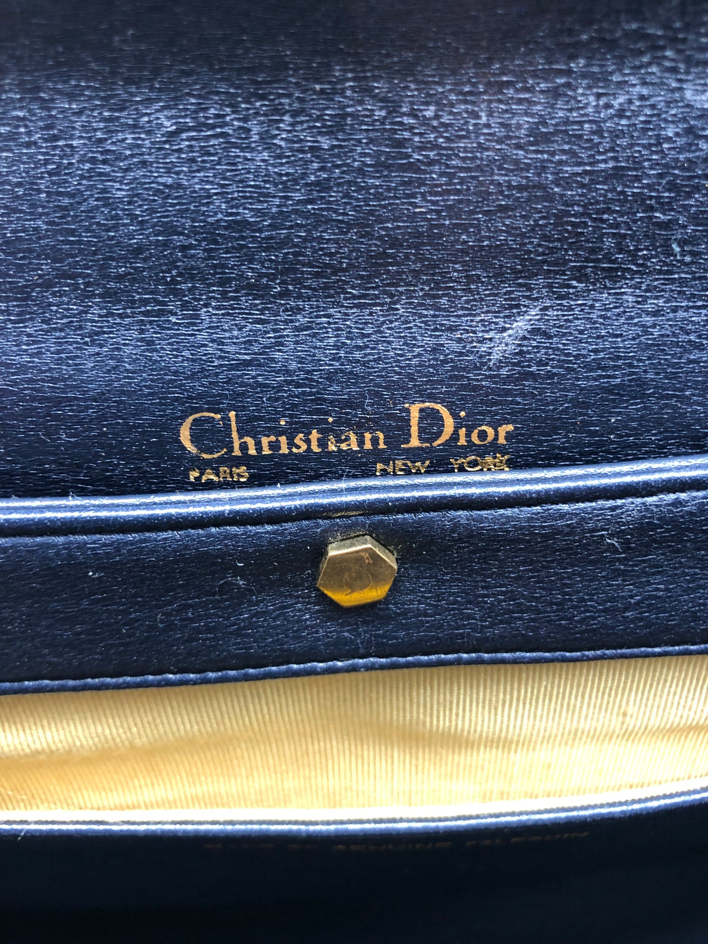 Authentic Christian Dior Vintage 1980s Navy Blue Leather & Trotter Large Clutch Shoulder Bag