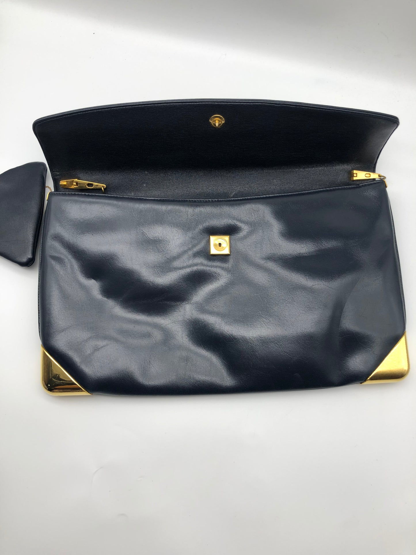 Authentic Christian Dior Vintage 1980s Navy Blue Leather & Trotter Large Clutch Shoulder Bag
