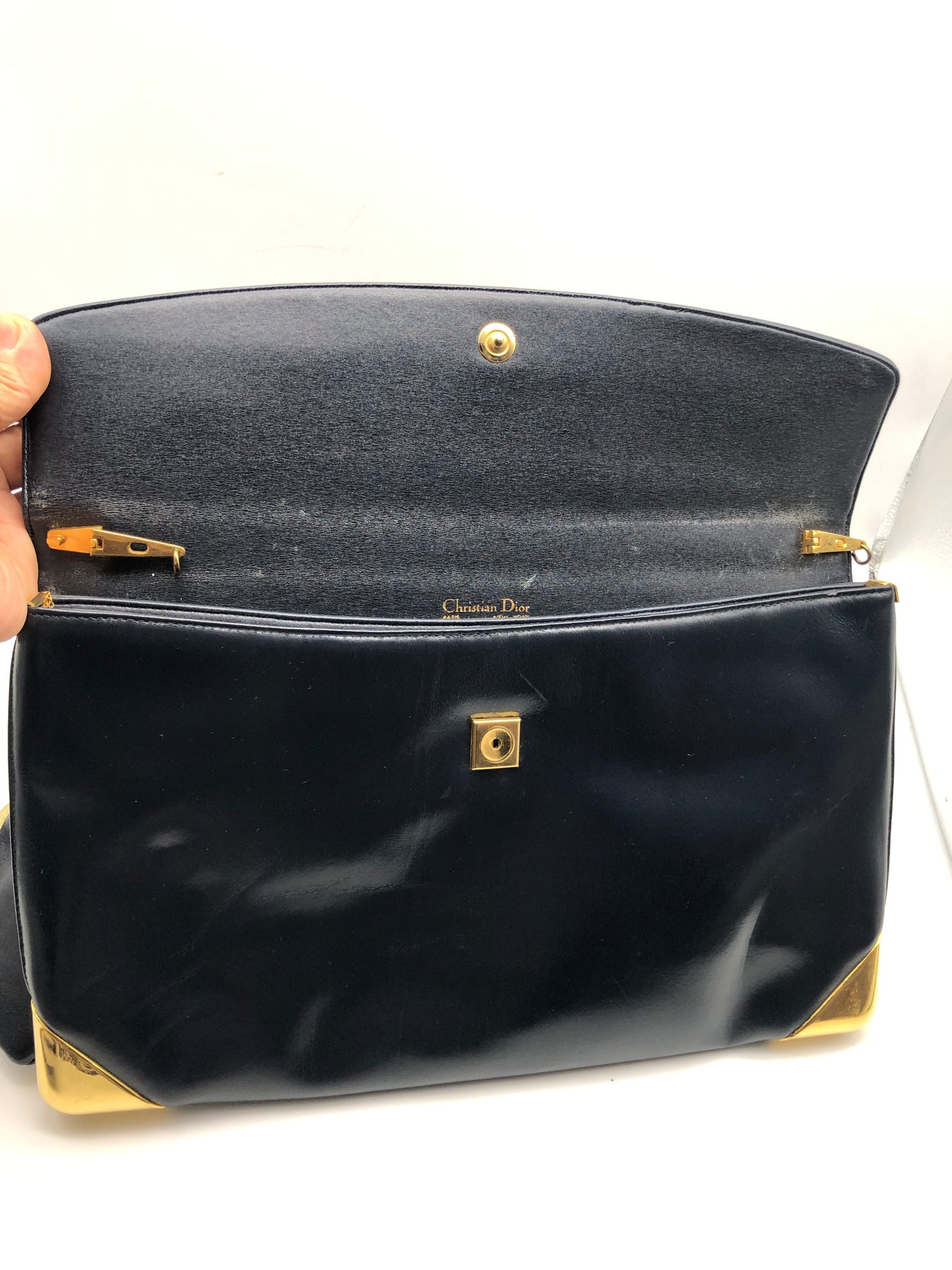 Authentic Christian Dior Vintage 1980s Navy Blue Leather & Trotter Large Clutch Shoulder Bag