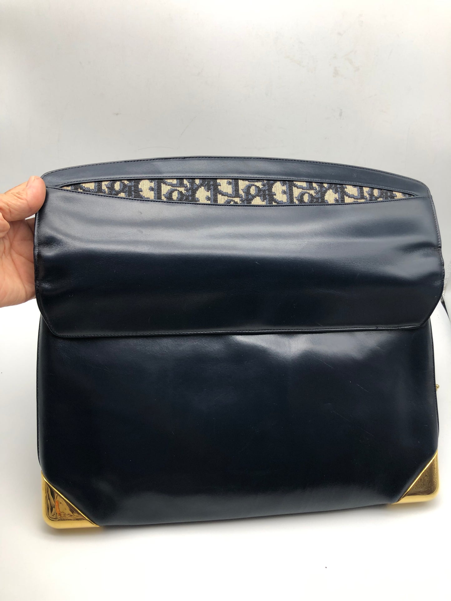 Authentic Christian Dior Vintage 1980s Navy Blue Leather & Trotter Large Clutch Shoulder Bag