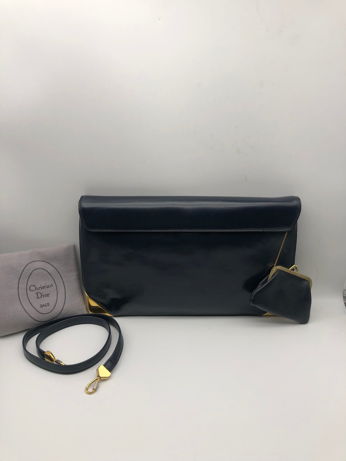 Authentic Christian Dior Vintage 1980s Navy Blue Leather & Trotter Large Clutch Shoulder Bag