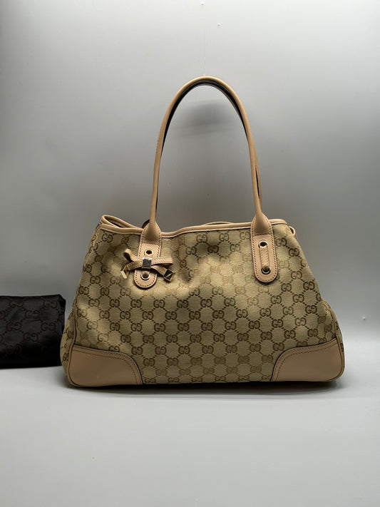 Authentic Gucci Princy Beige Cloth Pink Leather Trim Tote