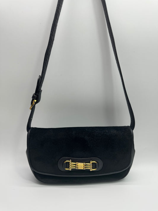 Authentic Celine Horse-bit Navy Blue Suede Shoulder Bag