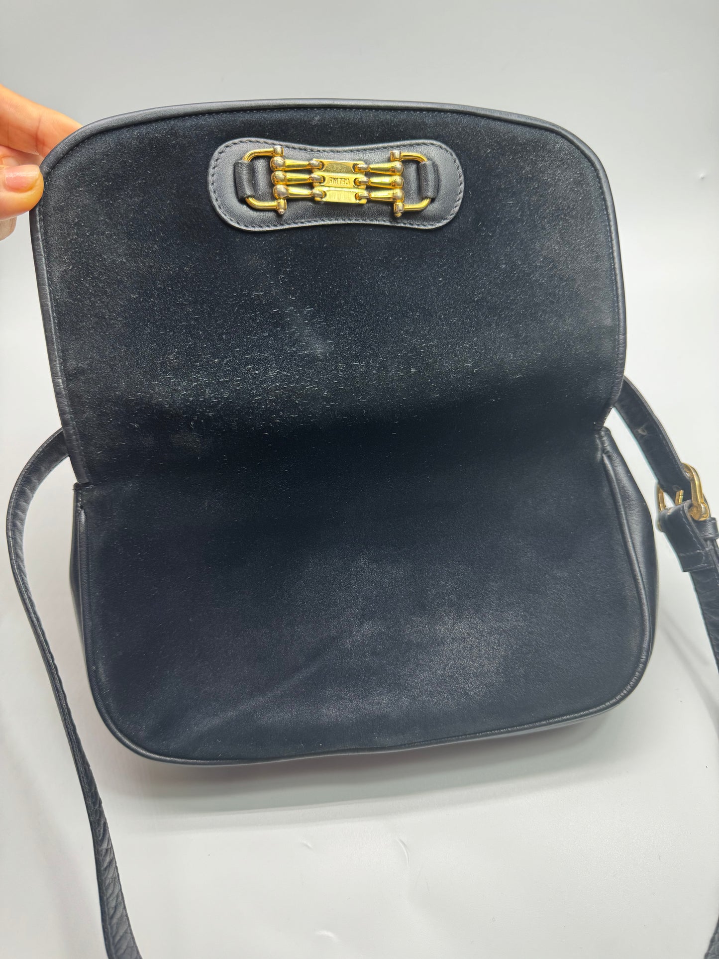 Authentic Celine Horse-bit Navy Blue Suede Shoulder Bag