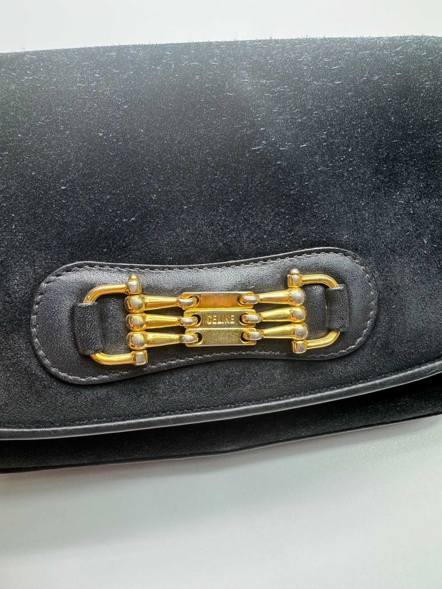 Authentic Celine Horse-bit Navy Blue Suede Shoulder Bag