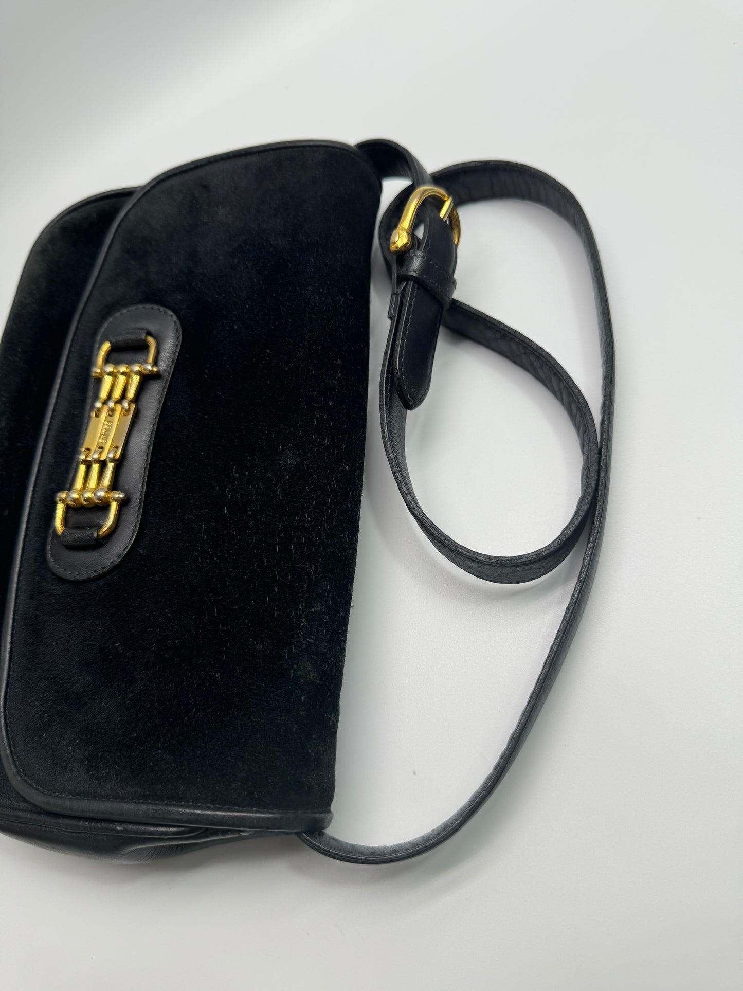 Authentic Celine Horse-bit Navy Blue Suede Shoulder Bag