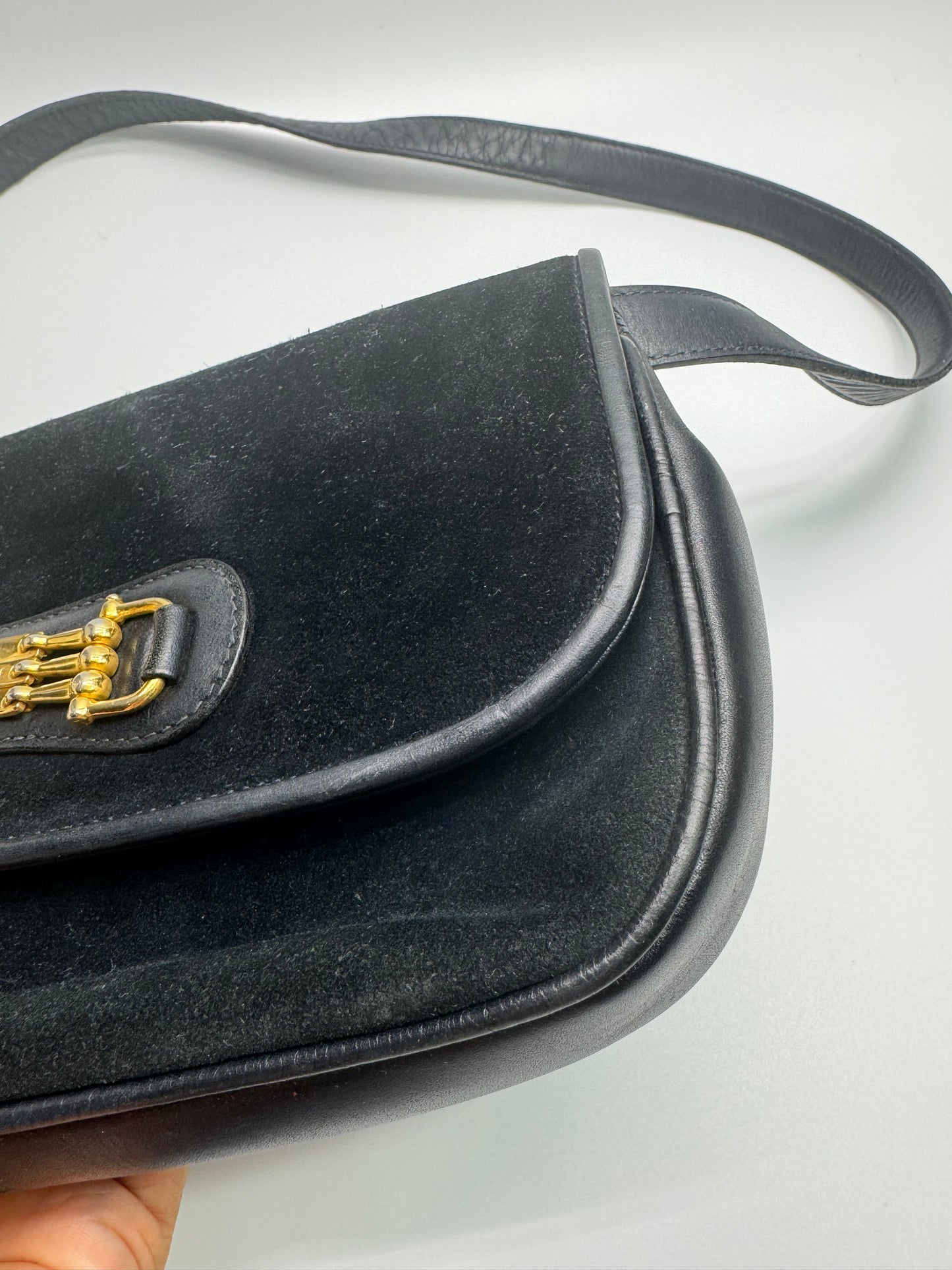 Authentic Celine Horse-bit Navy Blue Suede Shoulder Bag