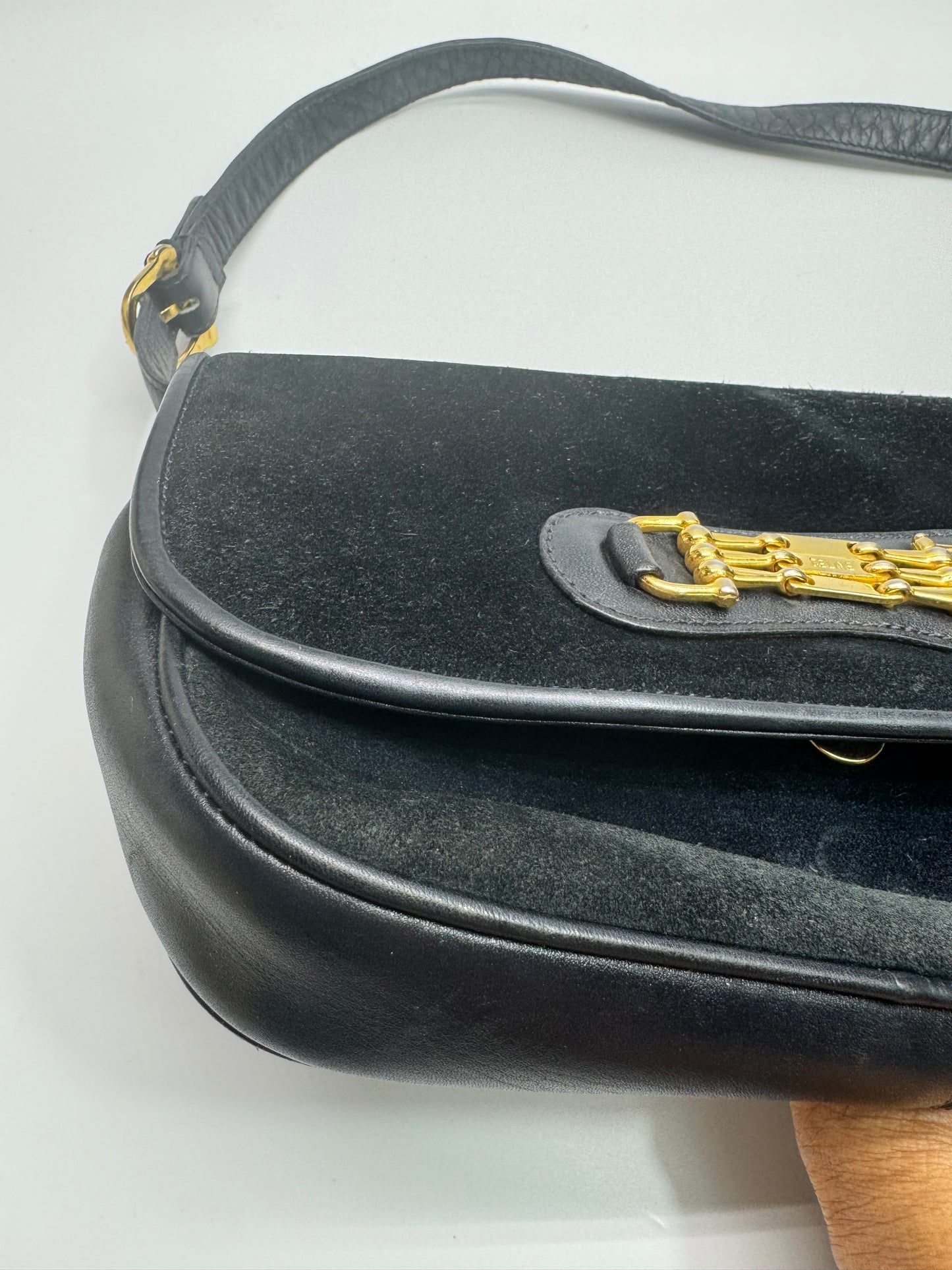 Authentic Celine Horse-bit Navy Blue Suede Shoulder Bag