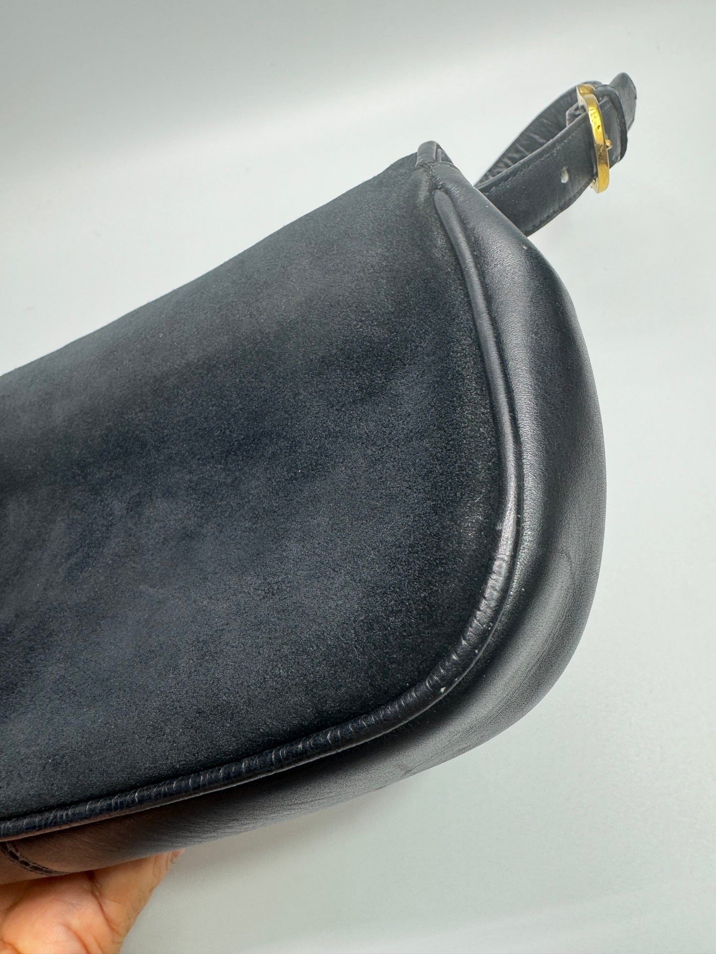 Authentic Celine Horse-bit Navy Blue Suede Shoulder Bag