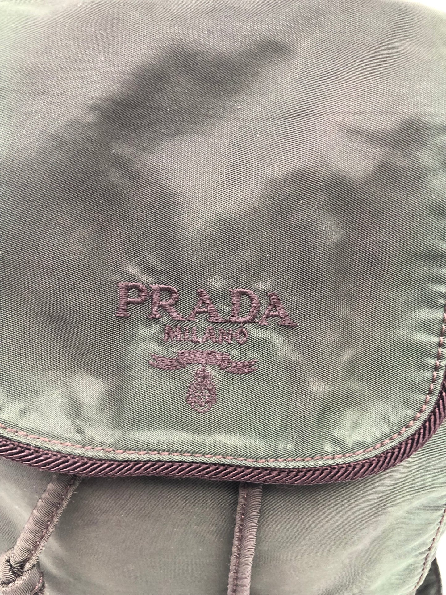 Authentic Prada Mini Backpack Brownish Green Nylon Embroidered Logo