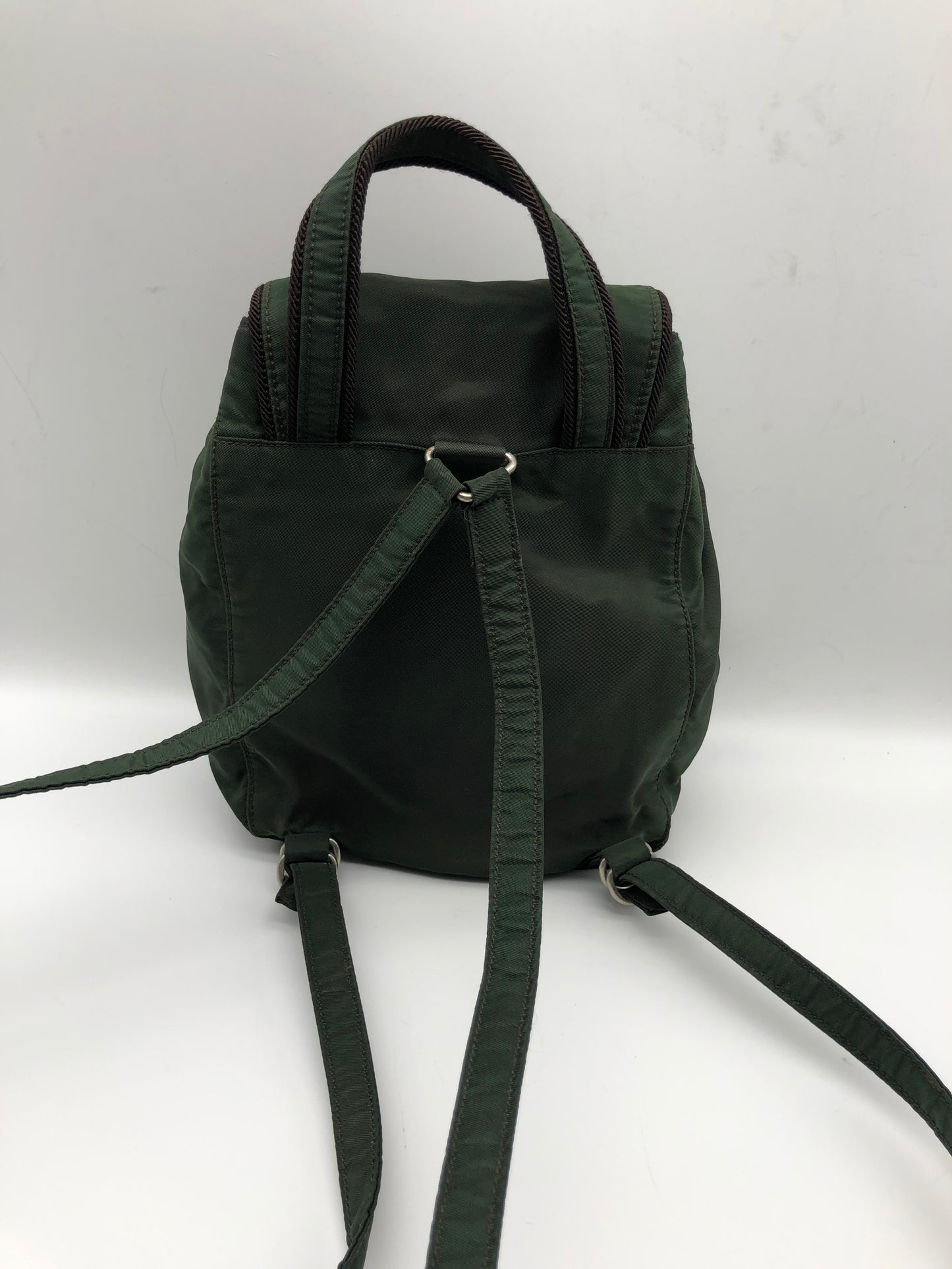 Authentic Prada Mini Backpack Brownish Green Nylon Embroidered Logo