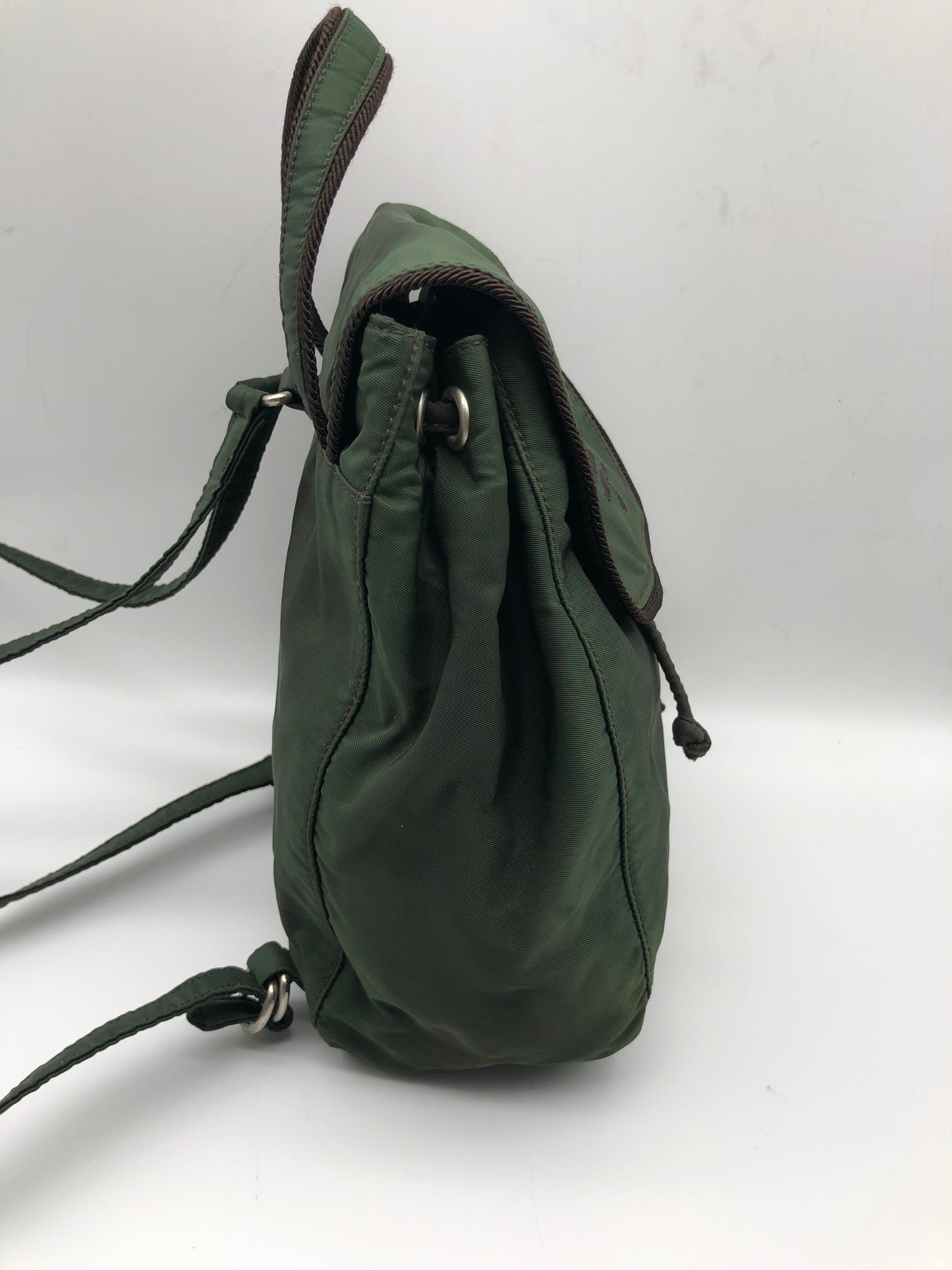 Authentic Prada Mini Backpack Brownish Green Nylon Embroidered Logo