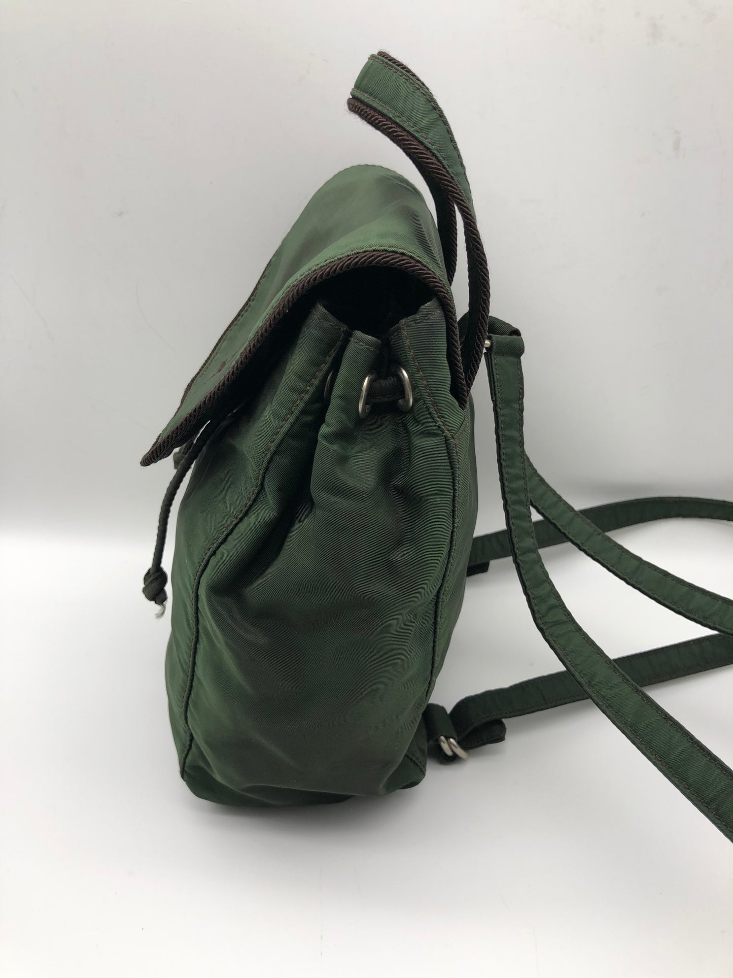 Authentic Prada Mini Backpack Brownish Green Nylon Embroidered Logo