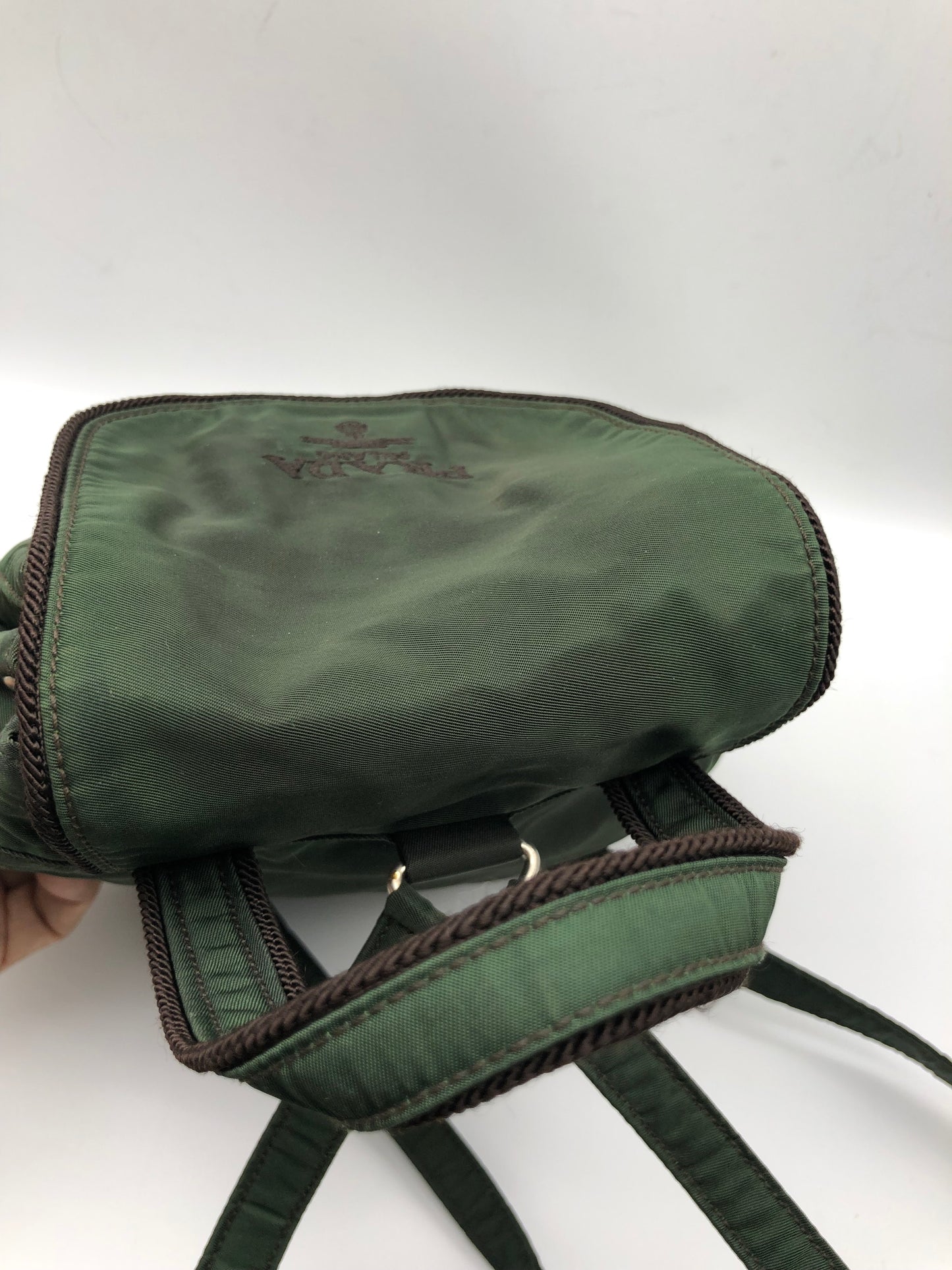Authentic Prada Mini Backpack Brownish Green Nylon Embroidered Logo