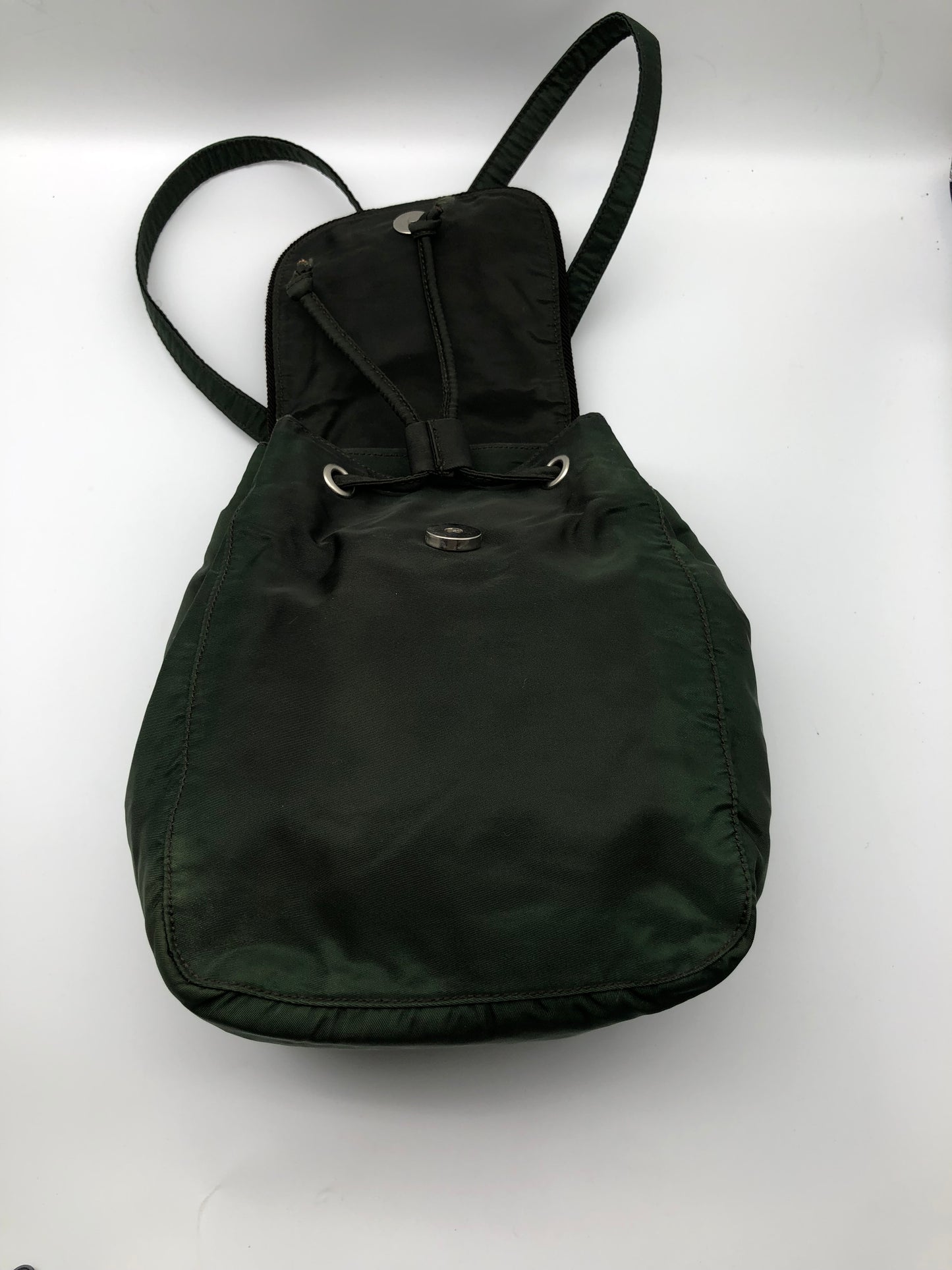 Authentic Prada Mini Backpack Brownish Green Nylon Embroidered Logo