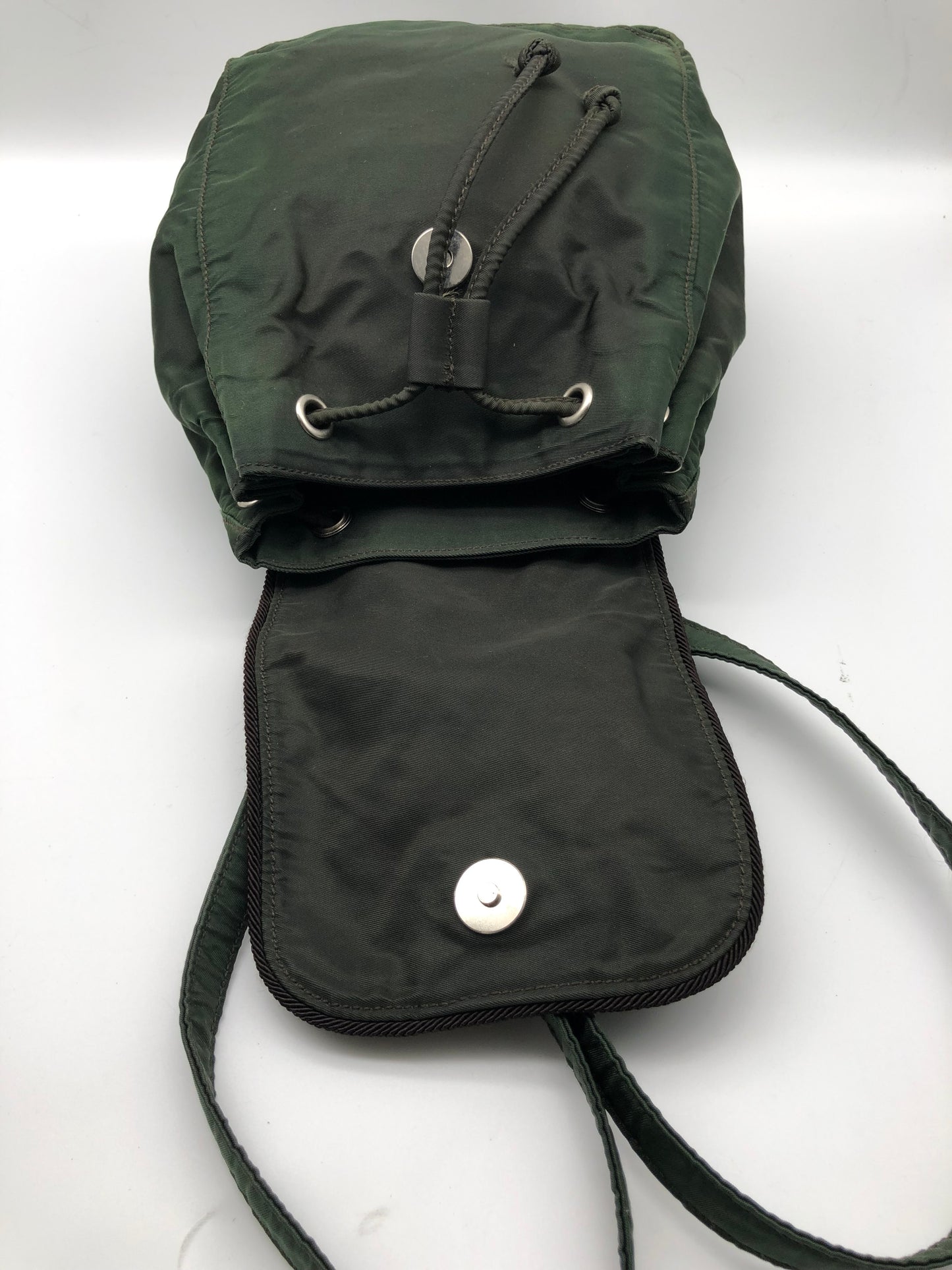 Authentic Prada Mini Backpack Brownish Green Nylon Embroidered Logo