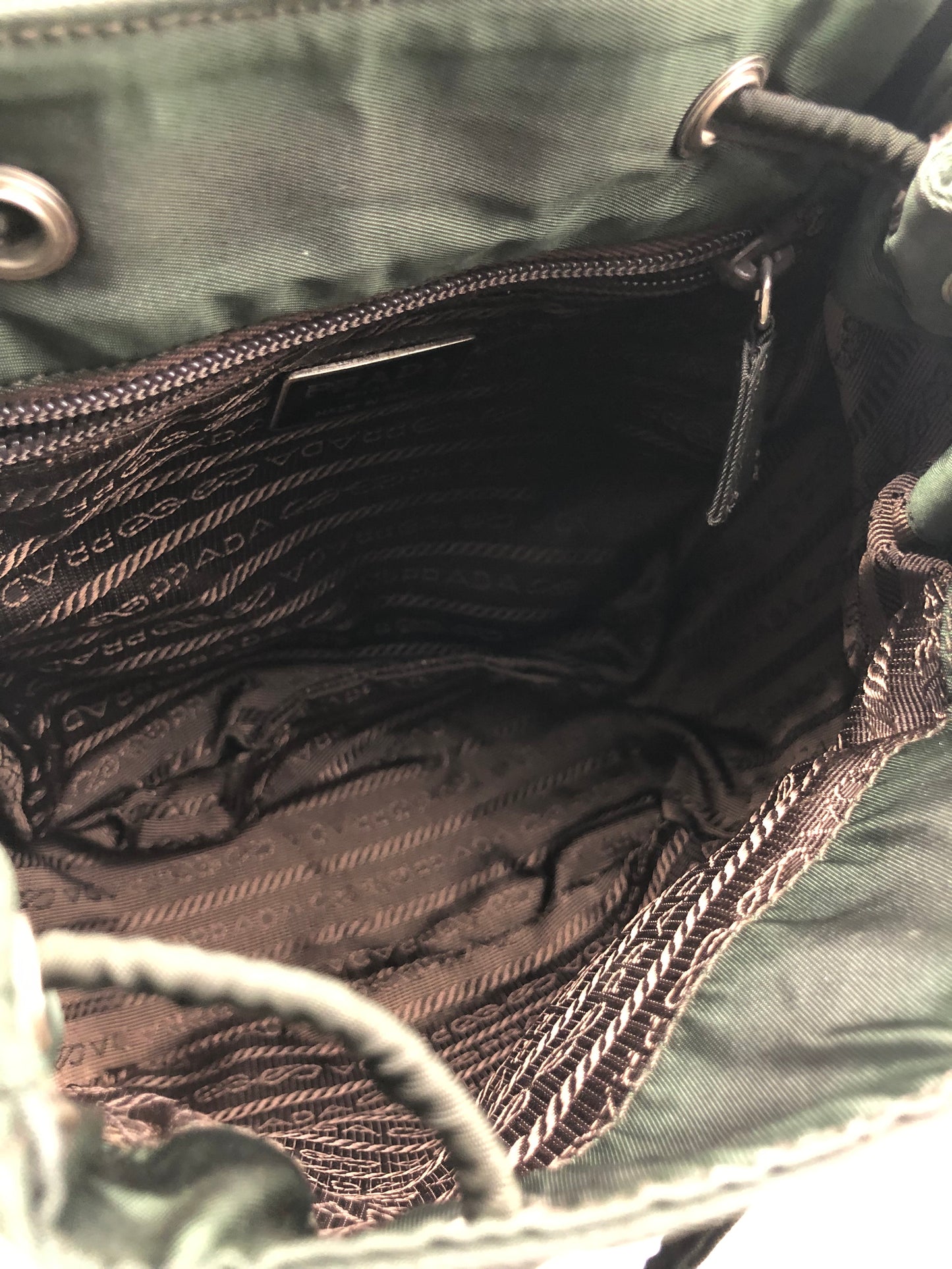 Authentic Prada Mini Backpack Brownish Green Nylon Embroidered Logo
