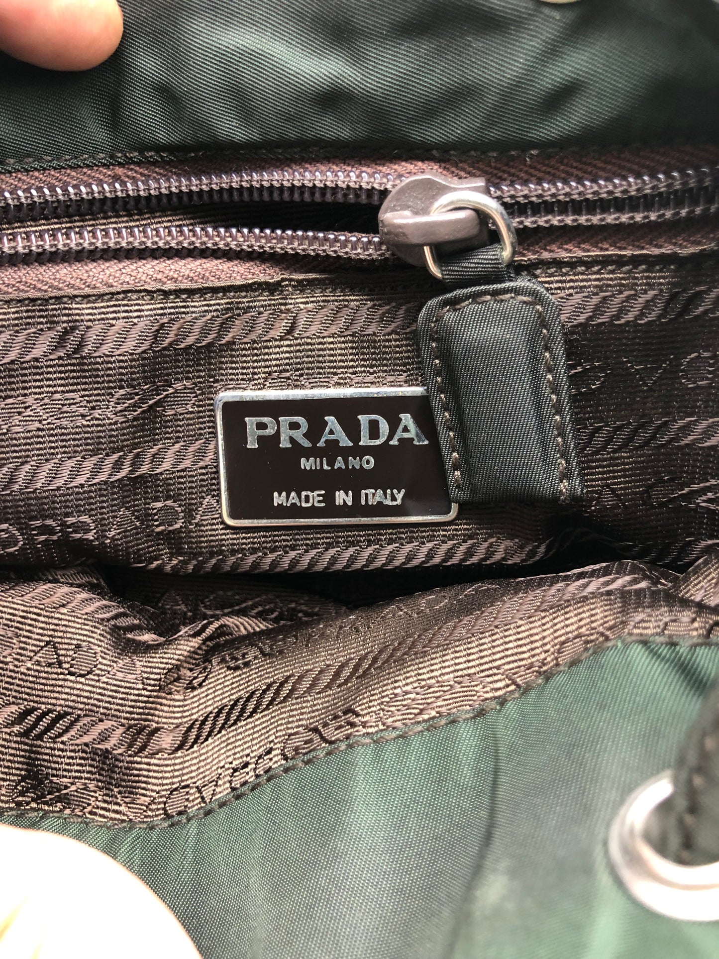 Authentic Prada Mini Backpack Brownish Green Nylon Embroidered Logo