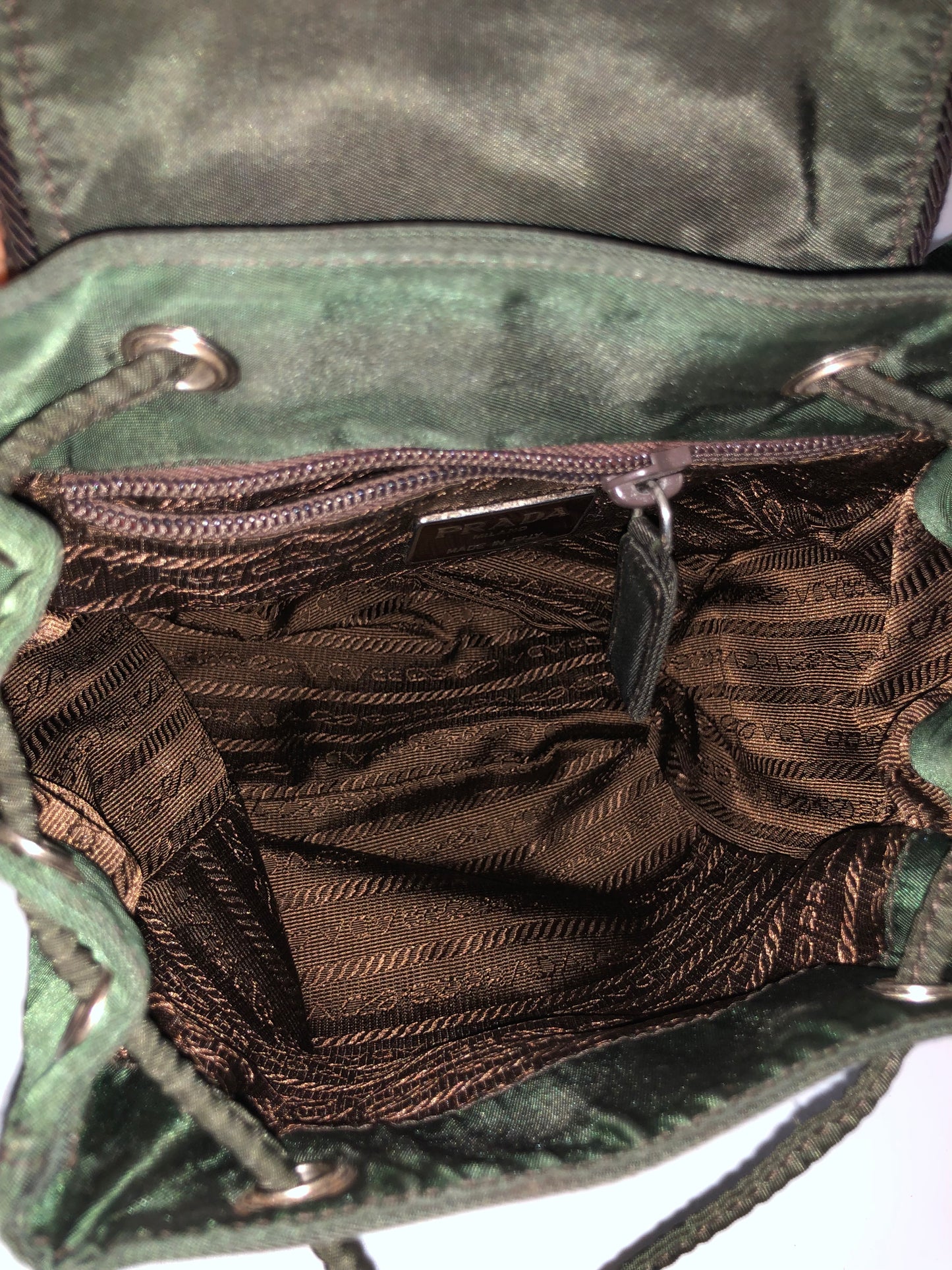 Authentic Prada Mini Backpack Brownish Green Nylon Embroidered Logo