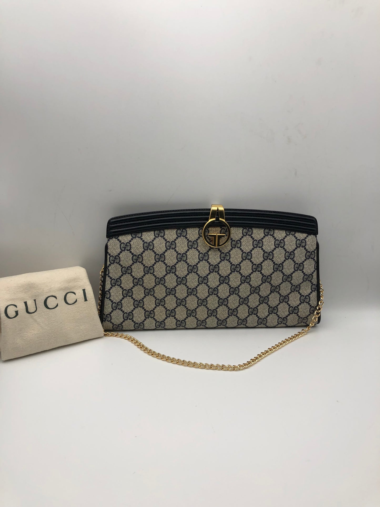 Authentic GUCCI Vintage Navy Blue Monogram Coated Canvas Clutch Added Strap Shoulder Bag